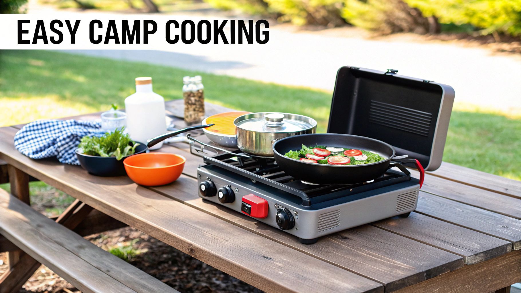 A well-organized camp kitchen setup with a stove, cooler, and food prep items.