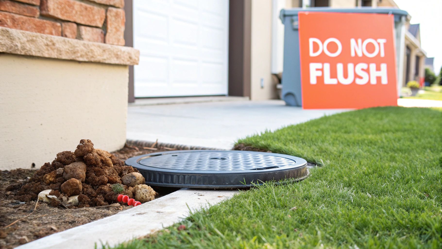 A dog happily playing in a grassy yard, with a home in the background, subtly connecting pets to home maintenance like septic care.