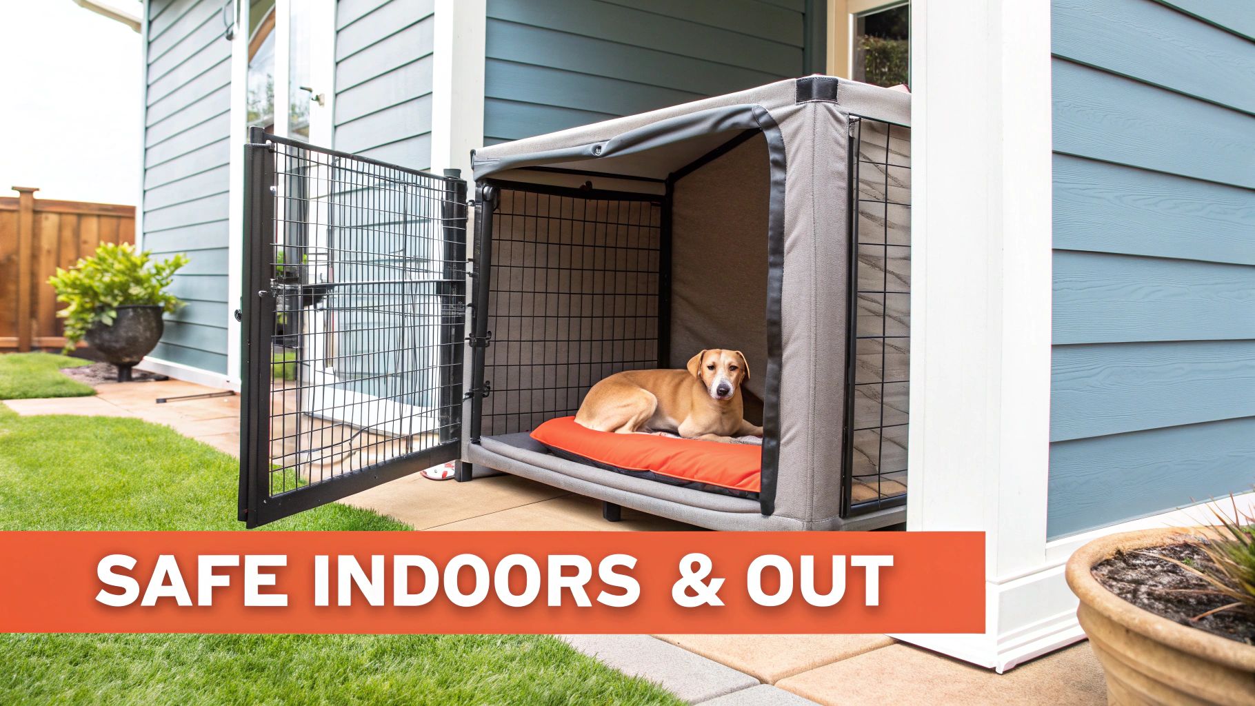 A happy dog sitting inside a spacious indoor outdoor dog kennel with a toy.