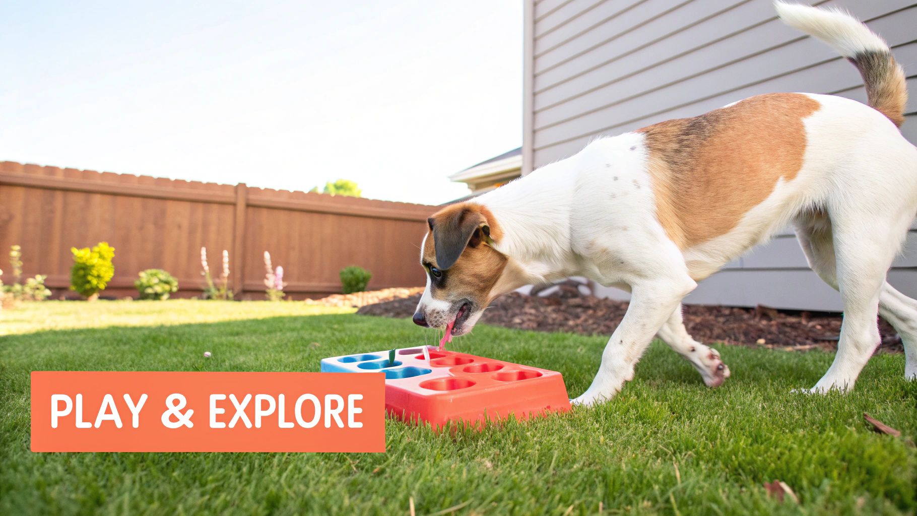 A dog happily playing with a puzzle toy on the living room floor, fully engaged and focused.
