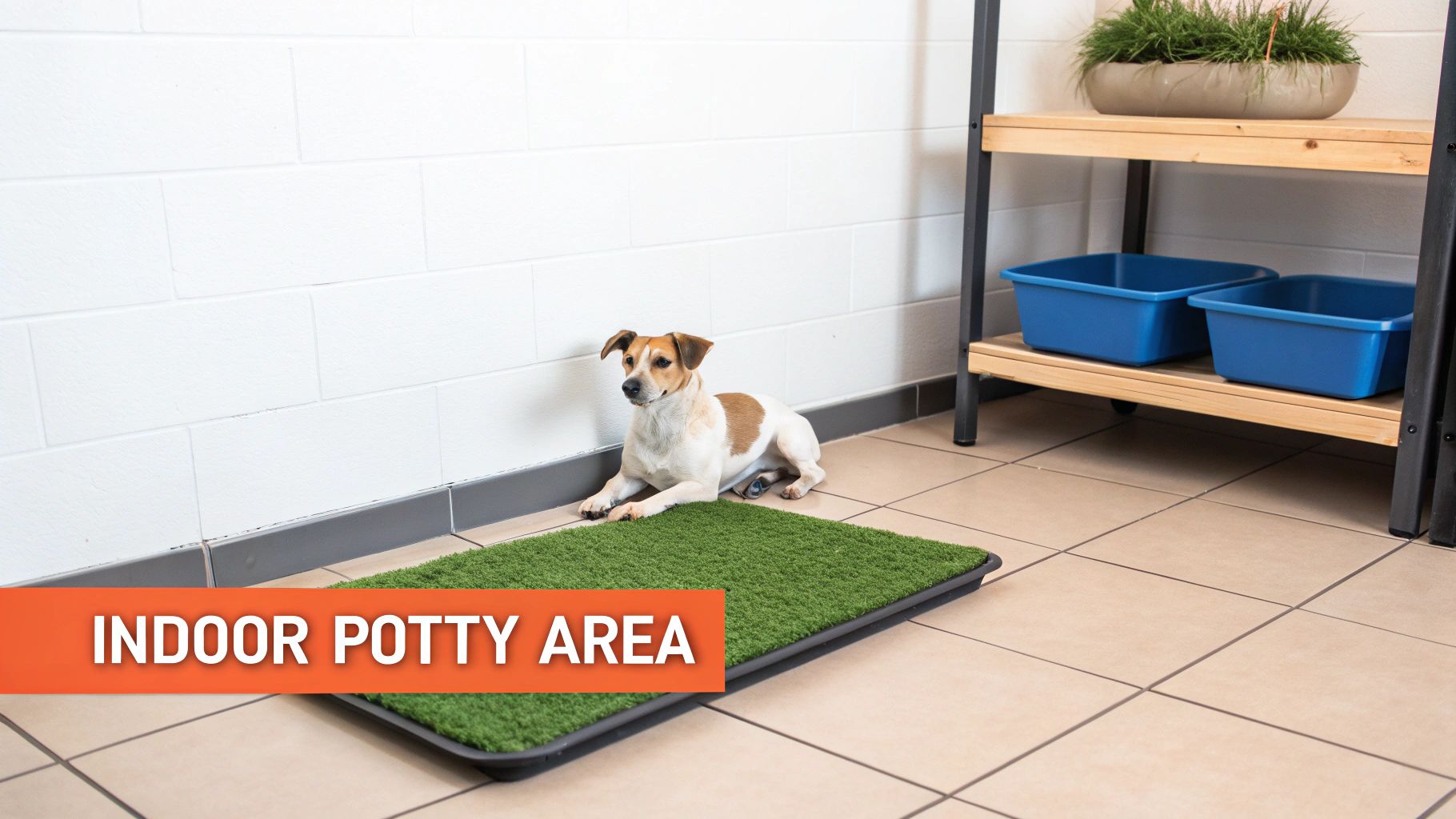 A dog stands on a clean artificial turf potty patch inside a modern apartment.