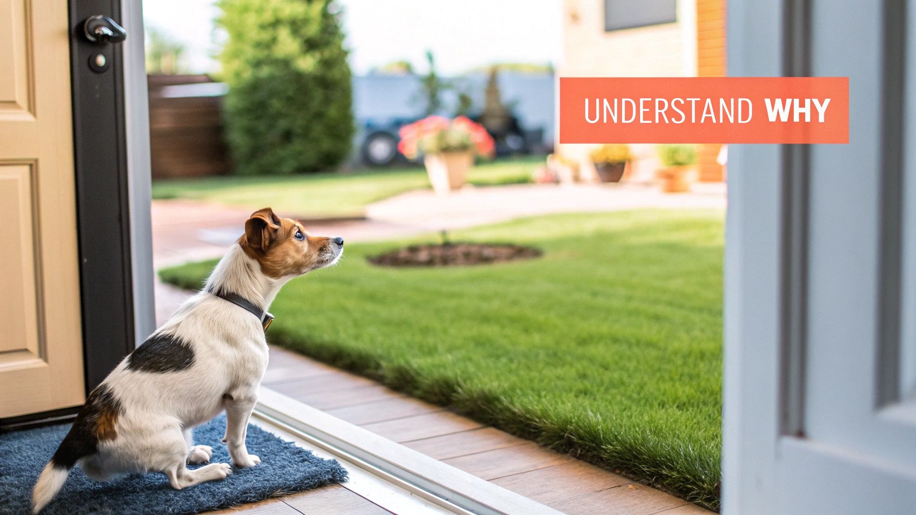 A sad-looking beagle sitting on a living room floor next to an indoor accident.