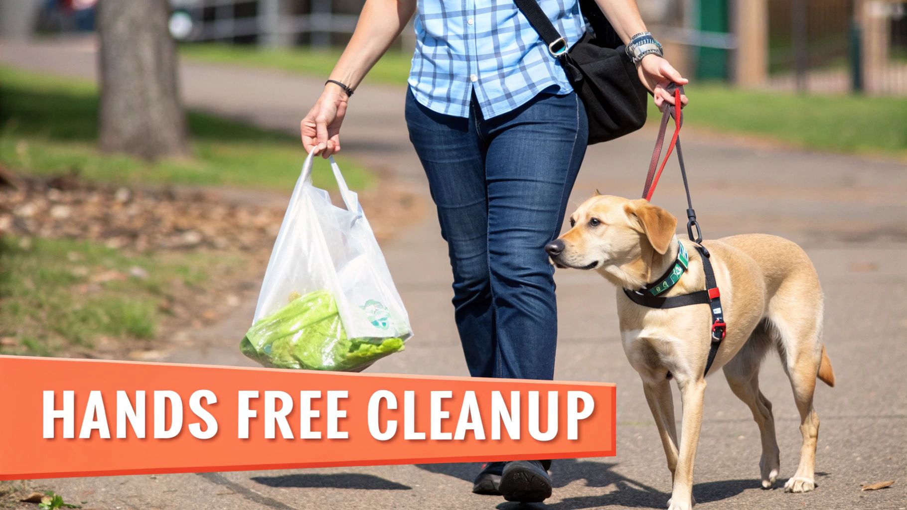 A dog owner using a hands free leash while cleaning up after their dog on a walk.