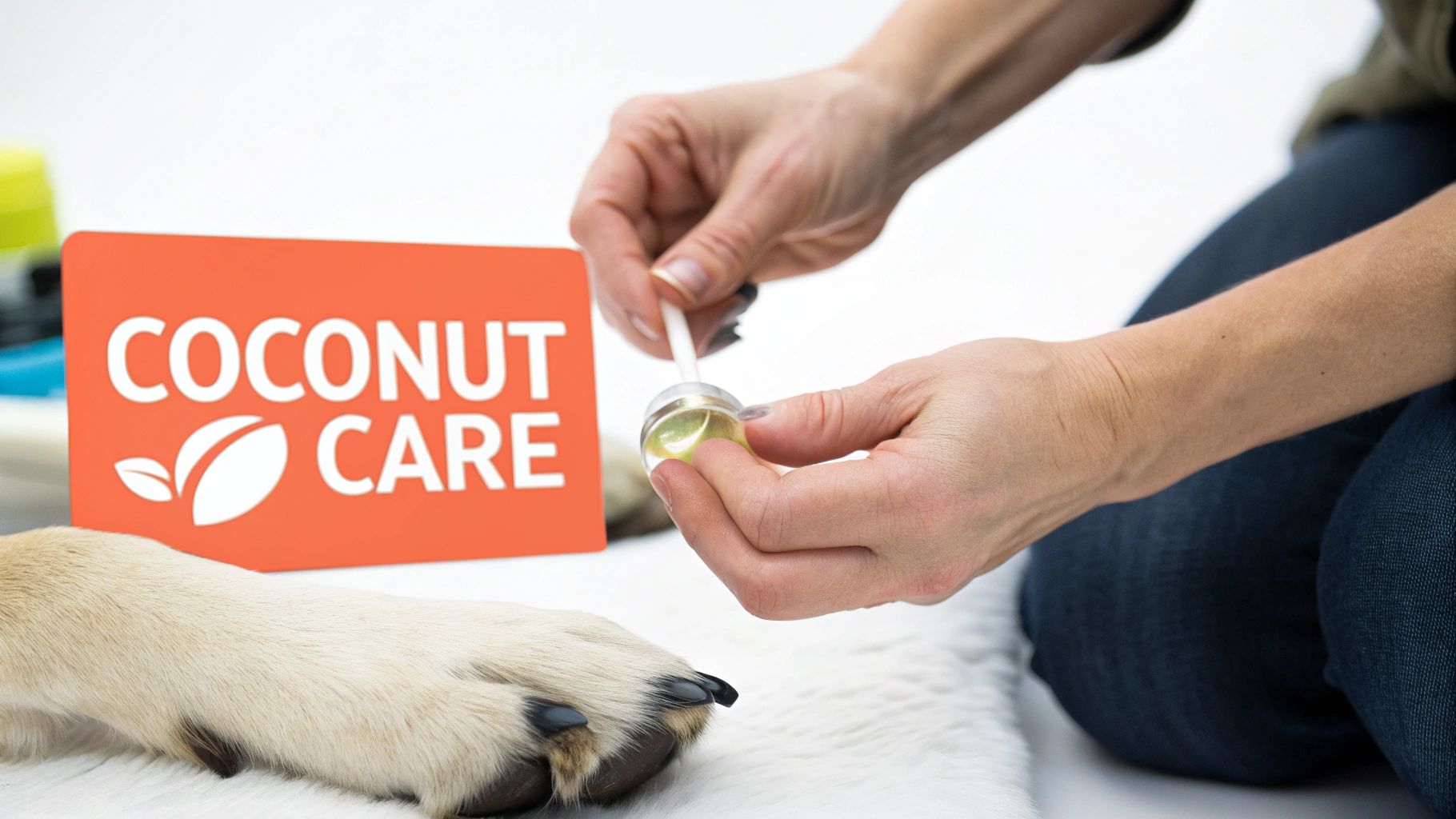 Person administering coconut oil supplement to dog's paw for natural pet care treatment