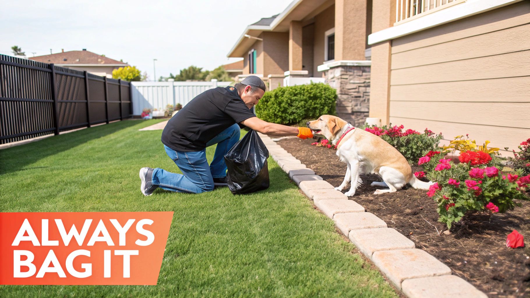 A person using a pooper scooper to clean up after their dog on a grassy lawn