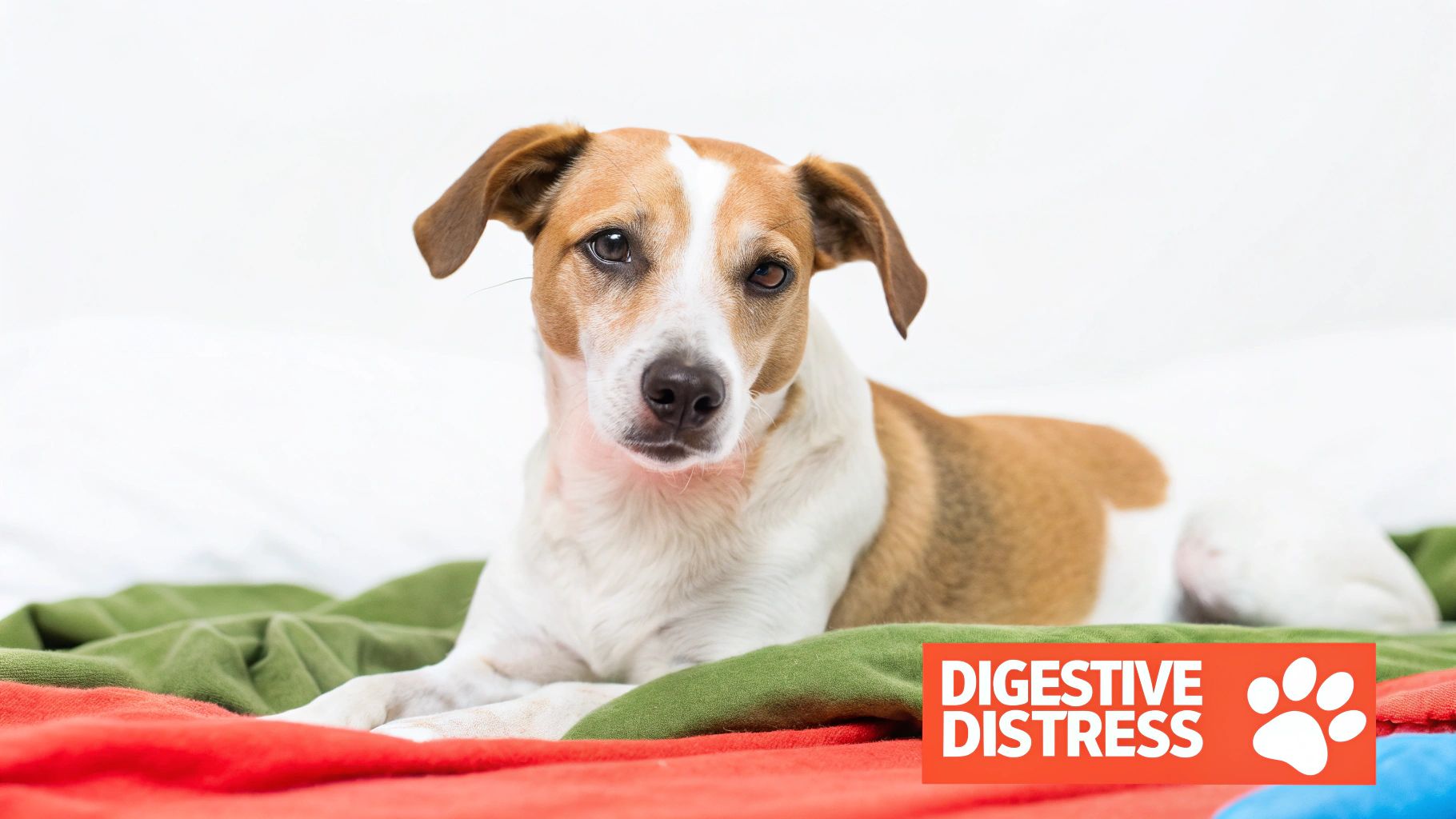 A concerned dog owner comforts their sad-looking dog lying on the floor.