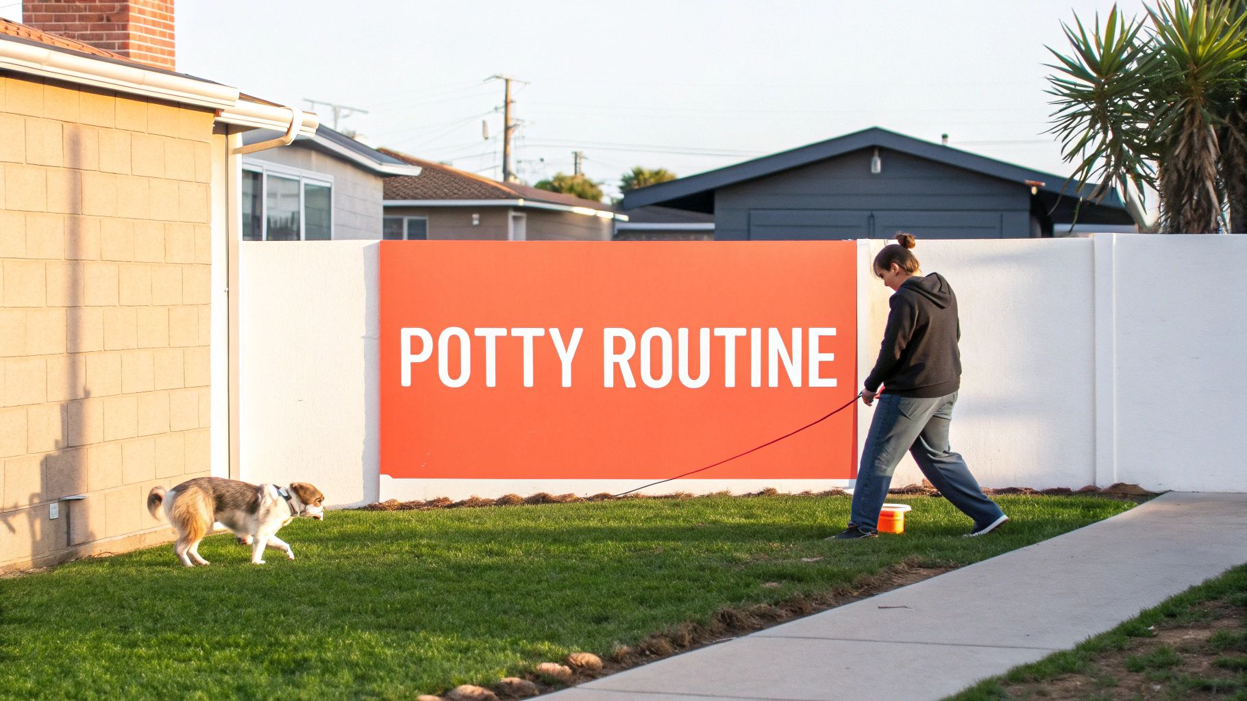 A person holding a leash, ready to take their dog for a walk on a sunny day.