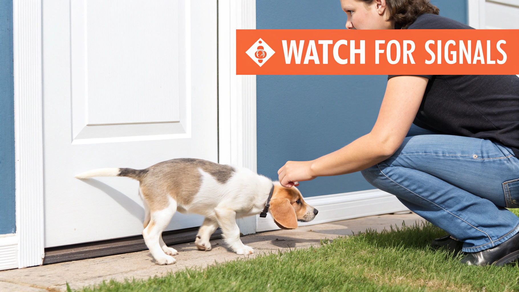 A happy adolescent puppy sitting on a leash during a walk in a park.