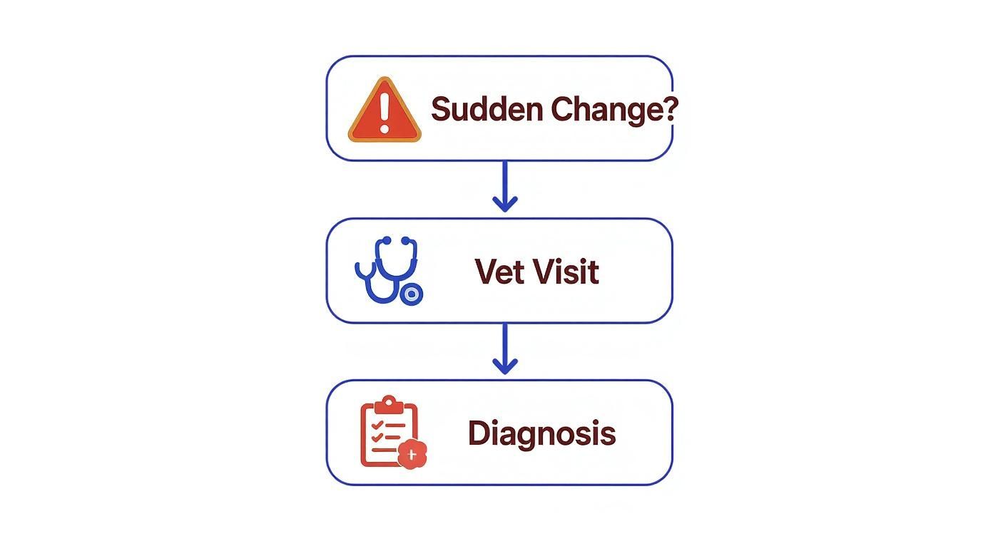 Infographic decision tree showing that a sudden change in a dog's potty habits should lead to a vet visit and then a diagnosis.
