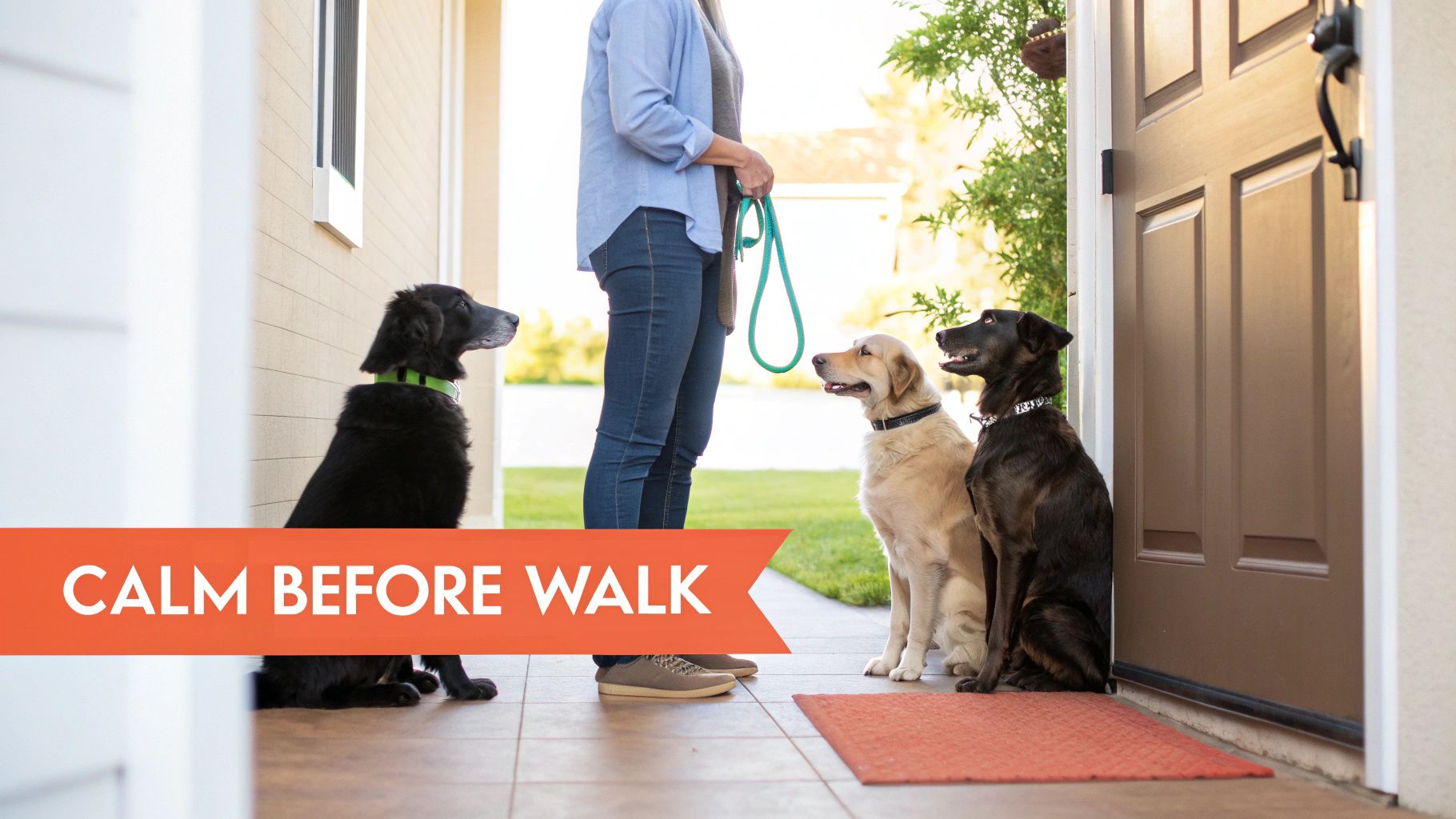 A person holding a leash stands on a porch with three calm dogs sitting patiently, ready for a walk.