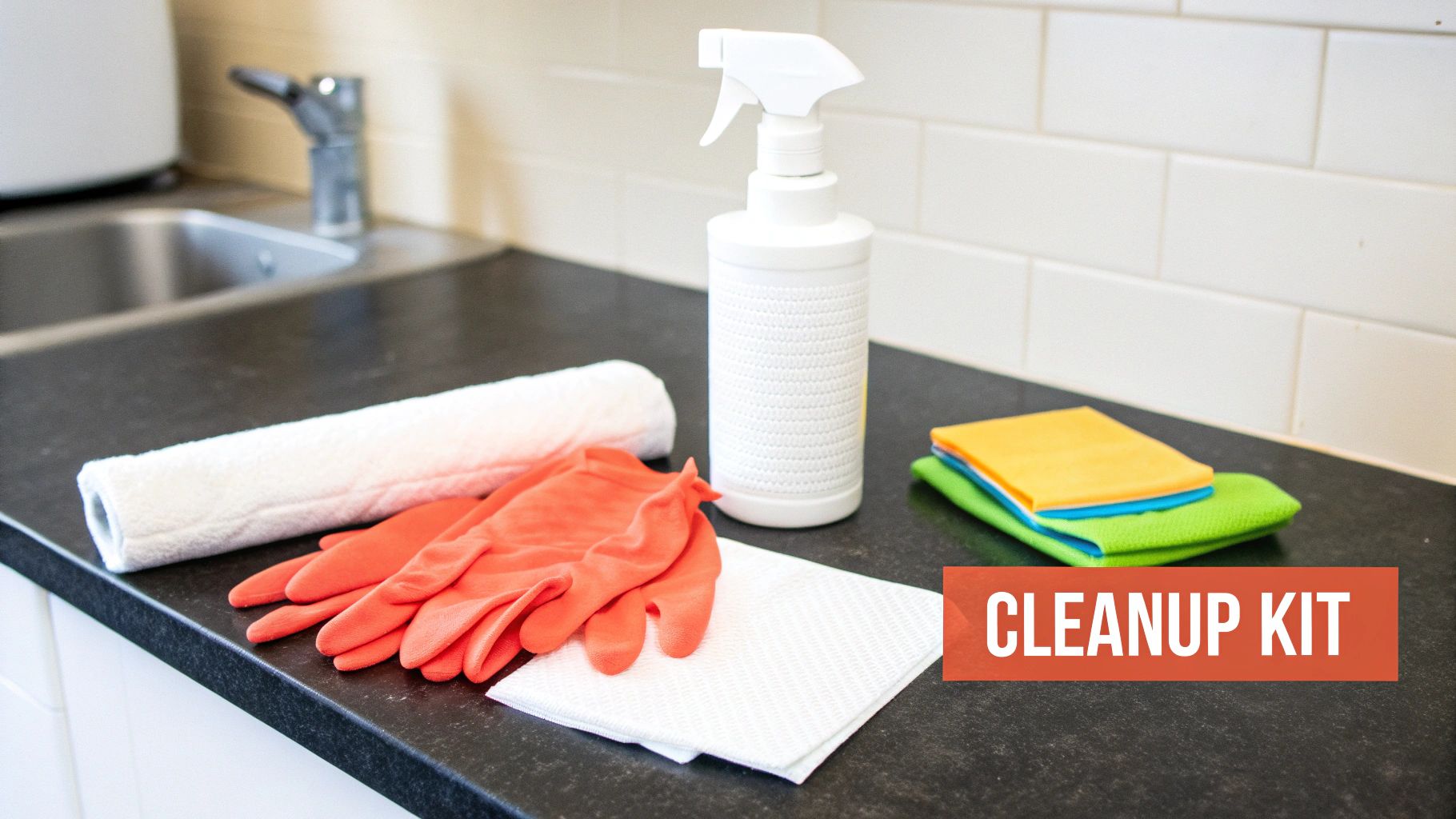 A person wearing yellow gloves cleaning a mess on a light-colored floor.