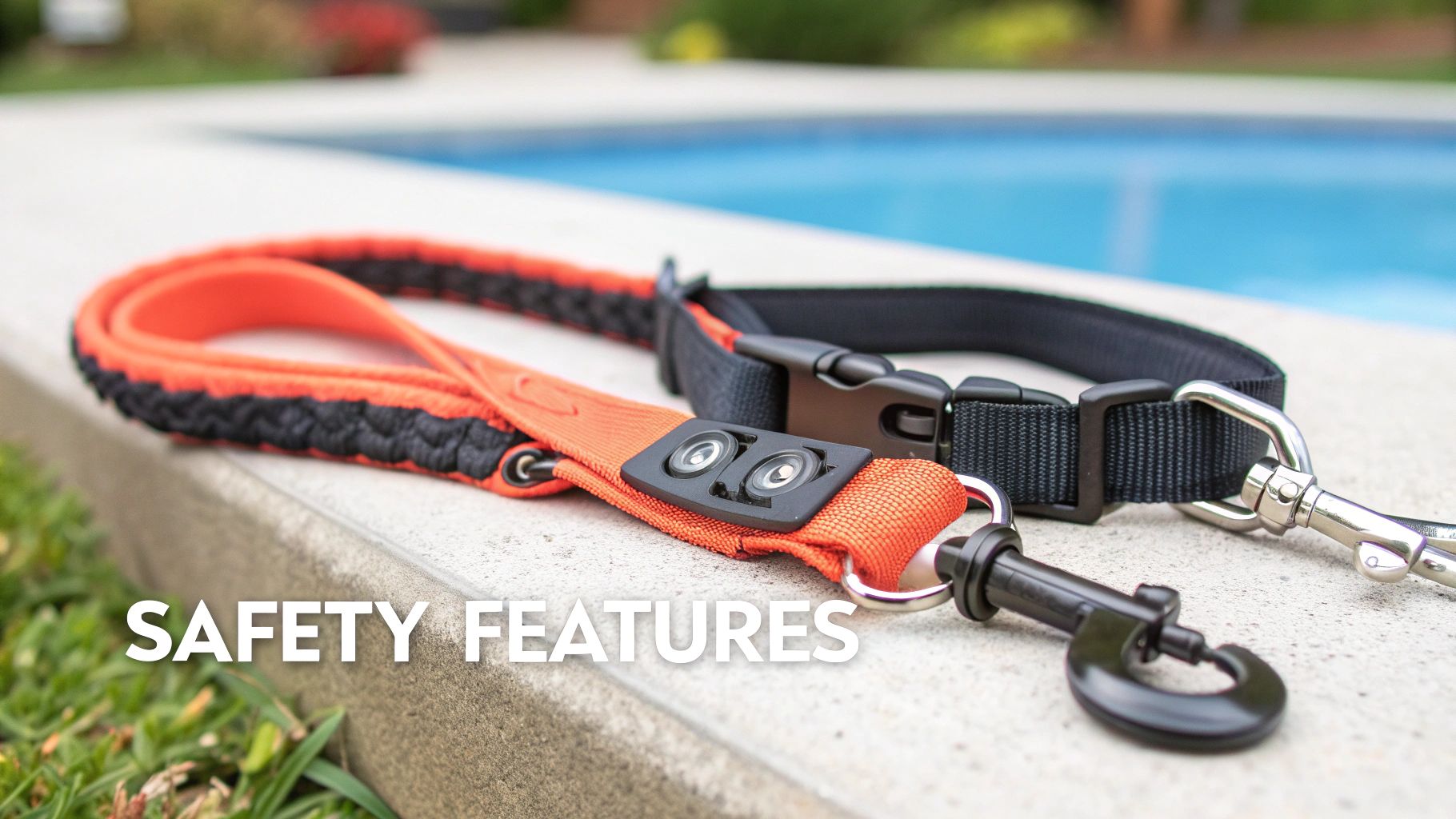 A dog wearing a durable hands free leash with reflective stitching and metal hardware.