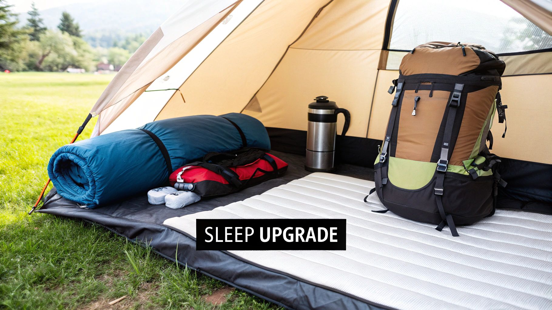 A well-organized campsite with chairs and a table set up near a tent.