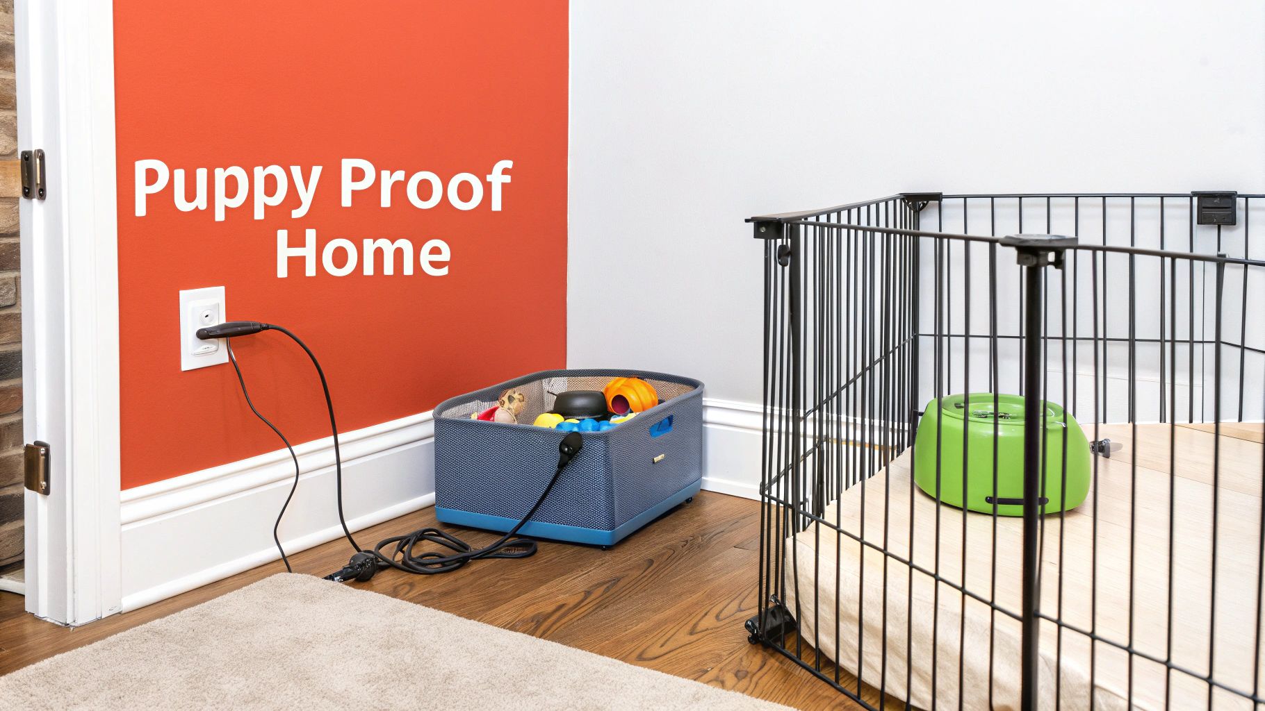 A happy dog sitting inside an open crate with a cozy bed inside.