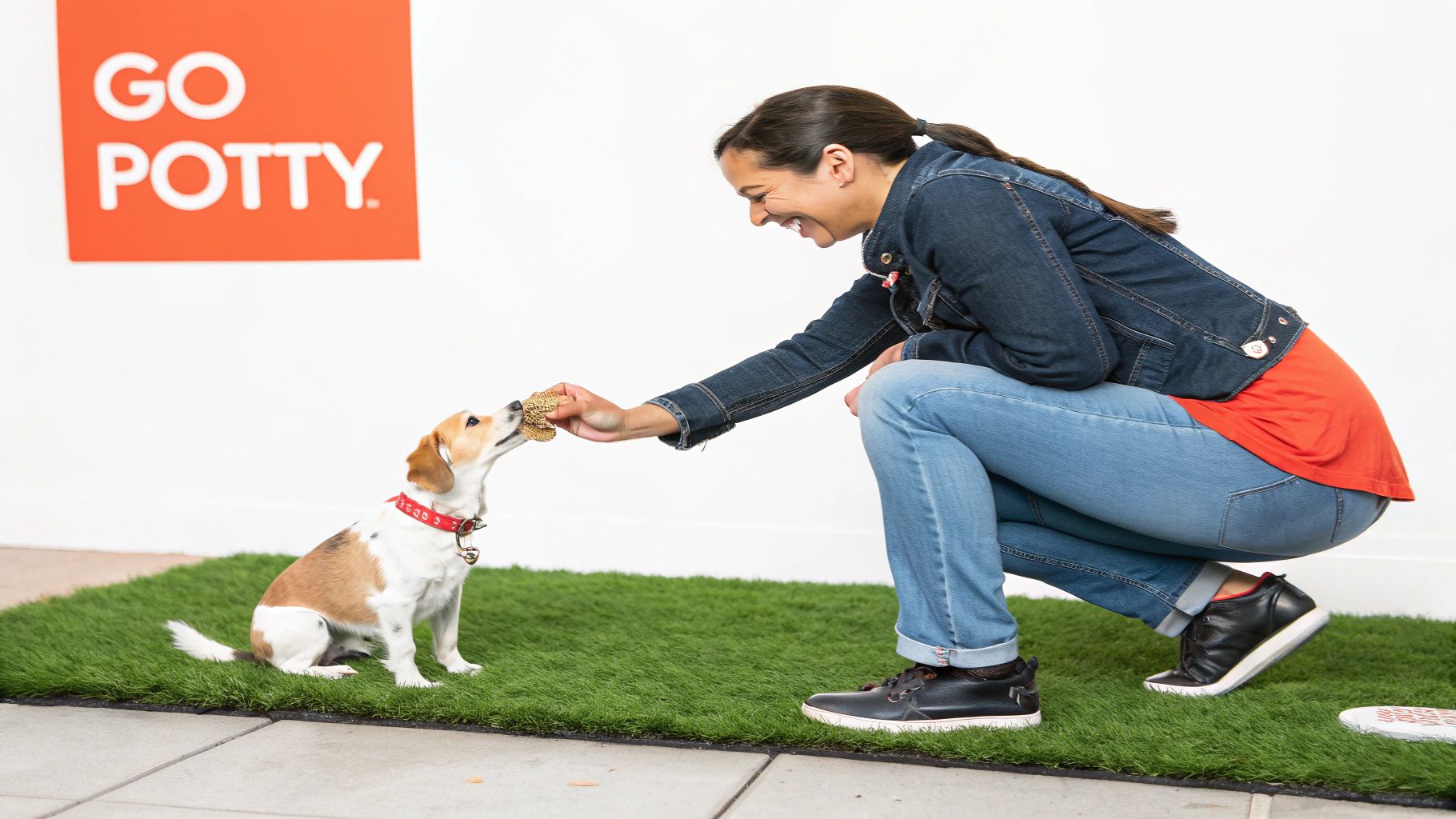 A person giving a small treat to a happy dog outdoors on a grassy lawn.