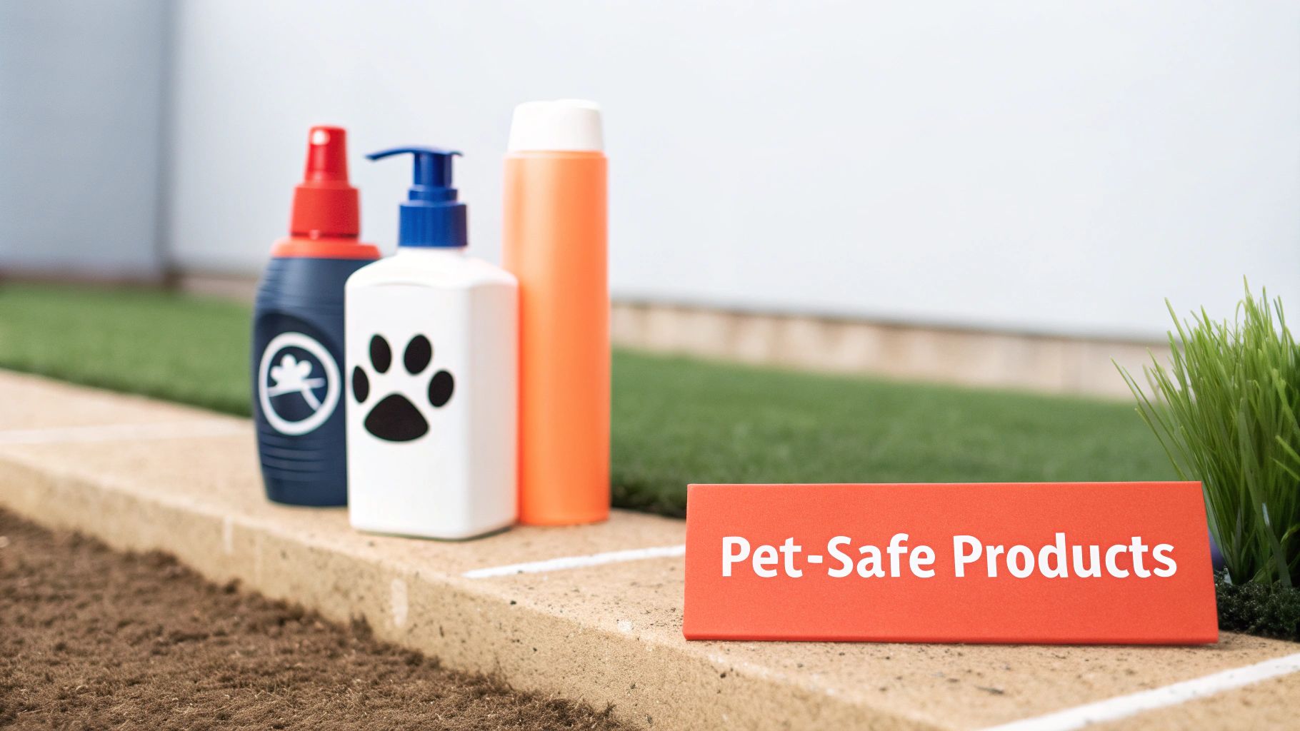 A person holding a pet-safe lawn fertilizer with their dog sitting happily on the green grass nearby.