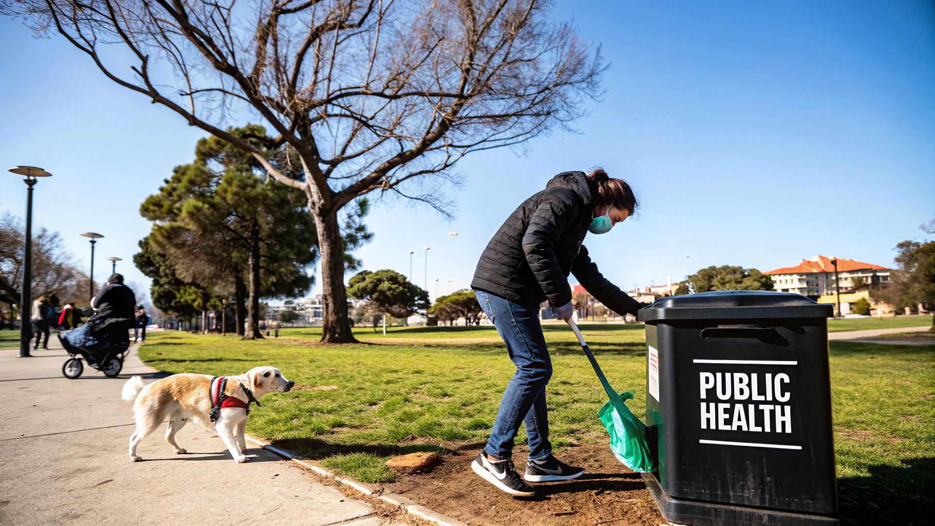 A person using a clip-on pooper scooper to pick up dog waste from a grassy area