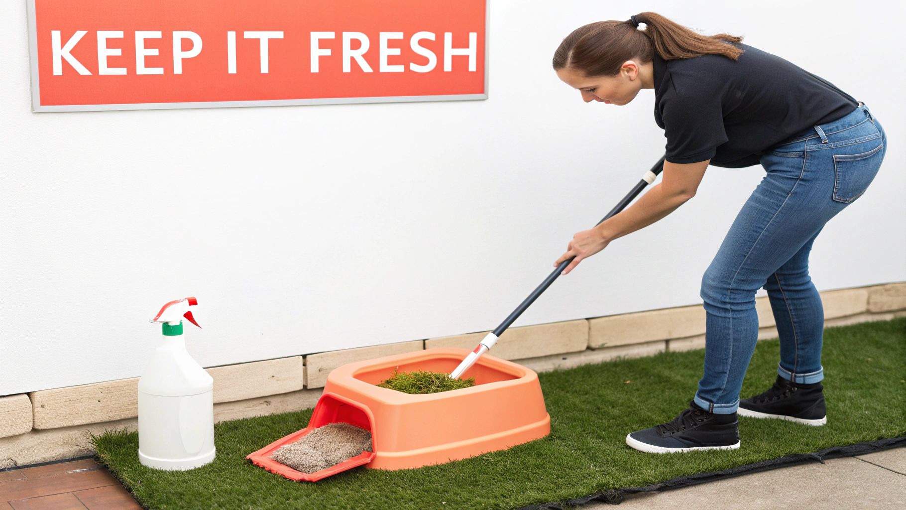 A dog owner using a pooper scooper in a clean backyard.