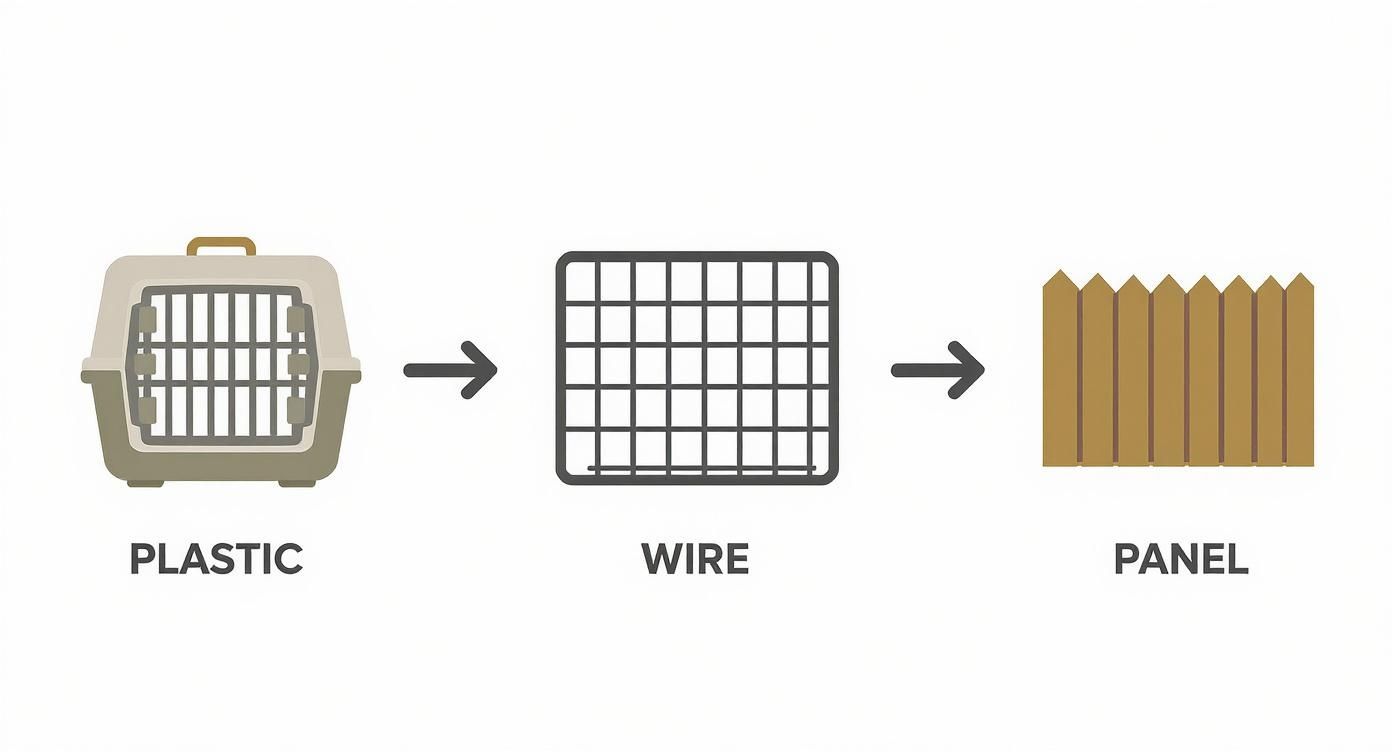Infographic showing the process flow of kennel materials from plastic, to wire, to panel kennels.