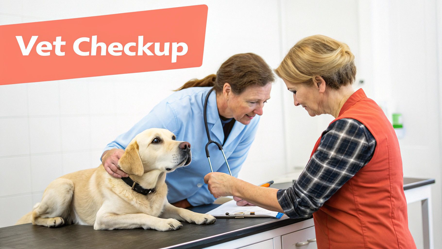 A veterinarian and a dog owner attending to a calm yellow Labrador during a vet checkup.