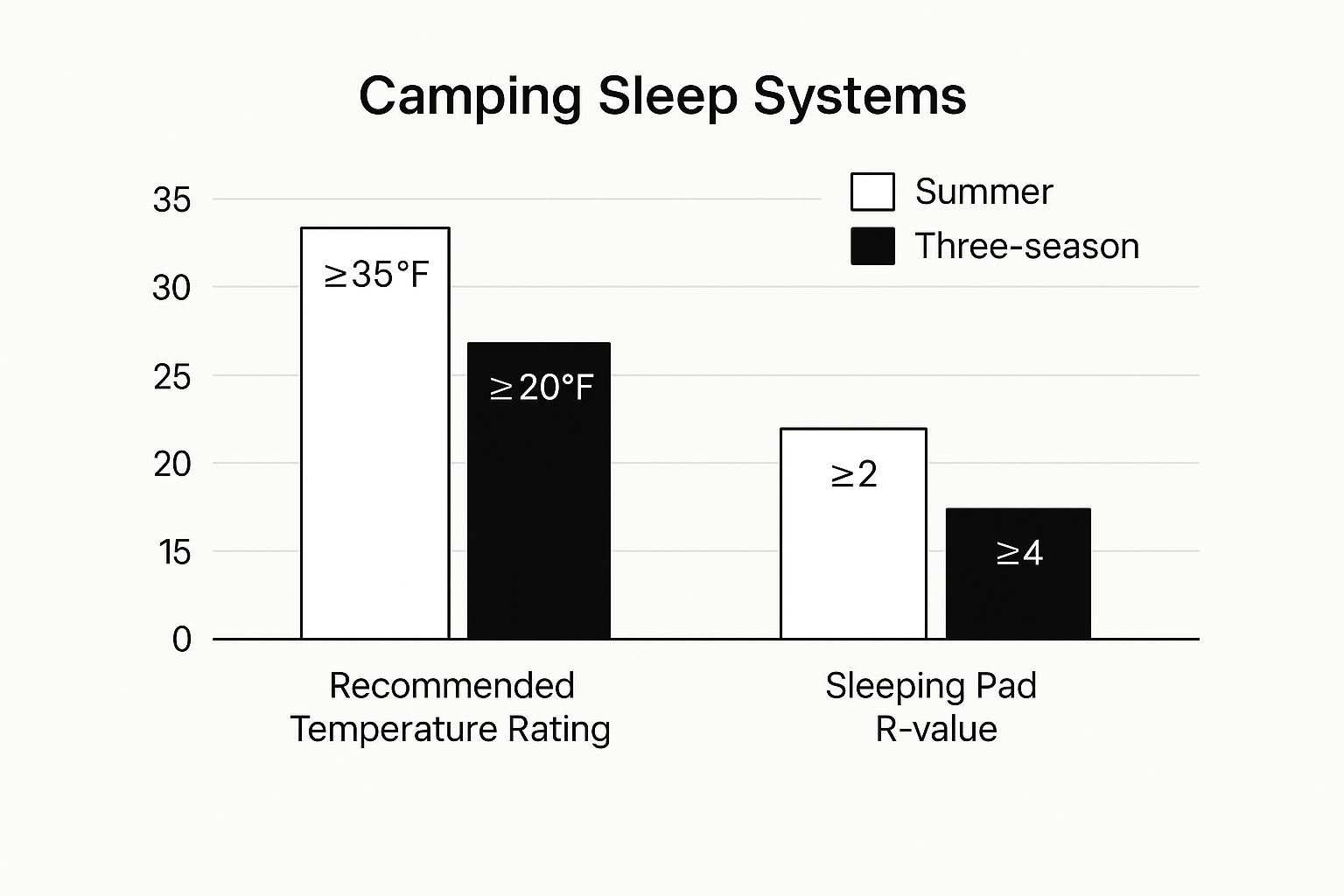 Infographic showing a data chart comparing recommended temperature ratings and sleeping pad R-values for summer versus three-season camping.