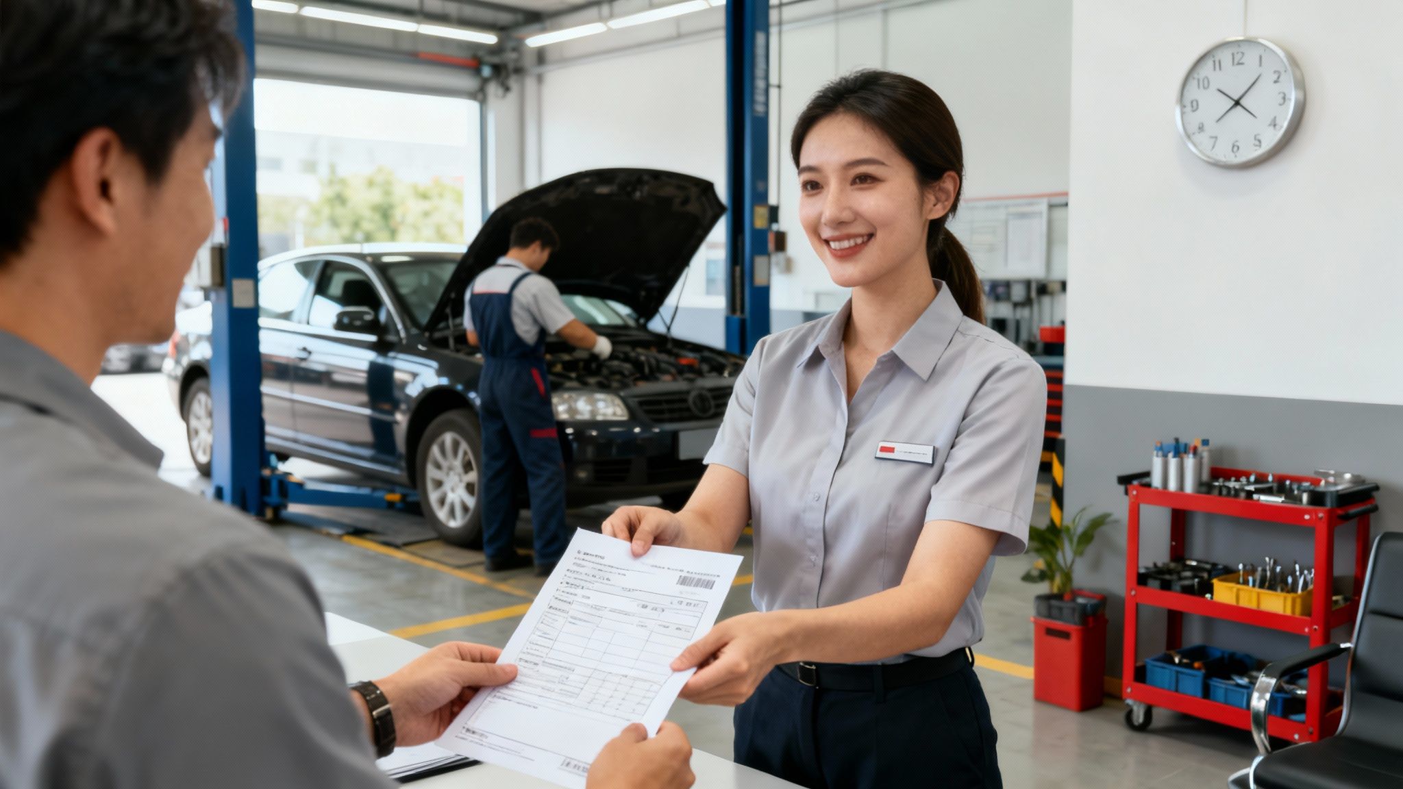 A smiling female service advisor hands a document to a male customer in an auto repair shop.