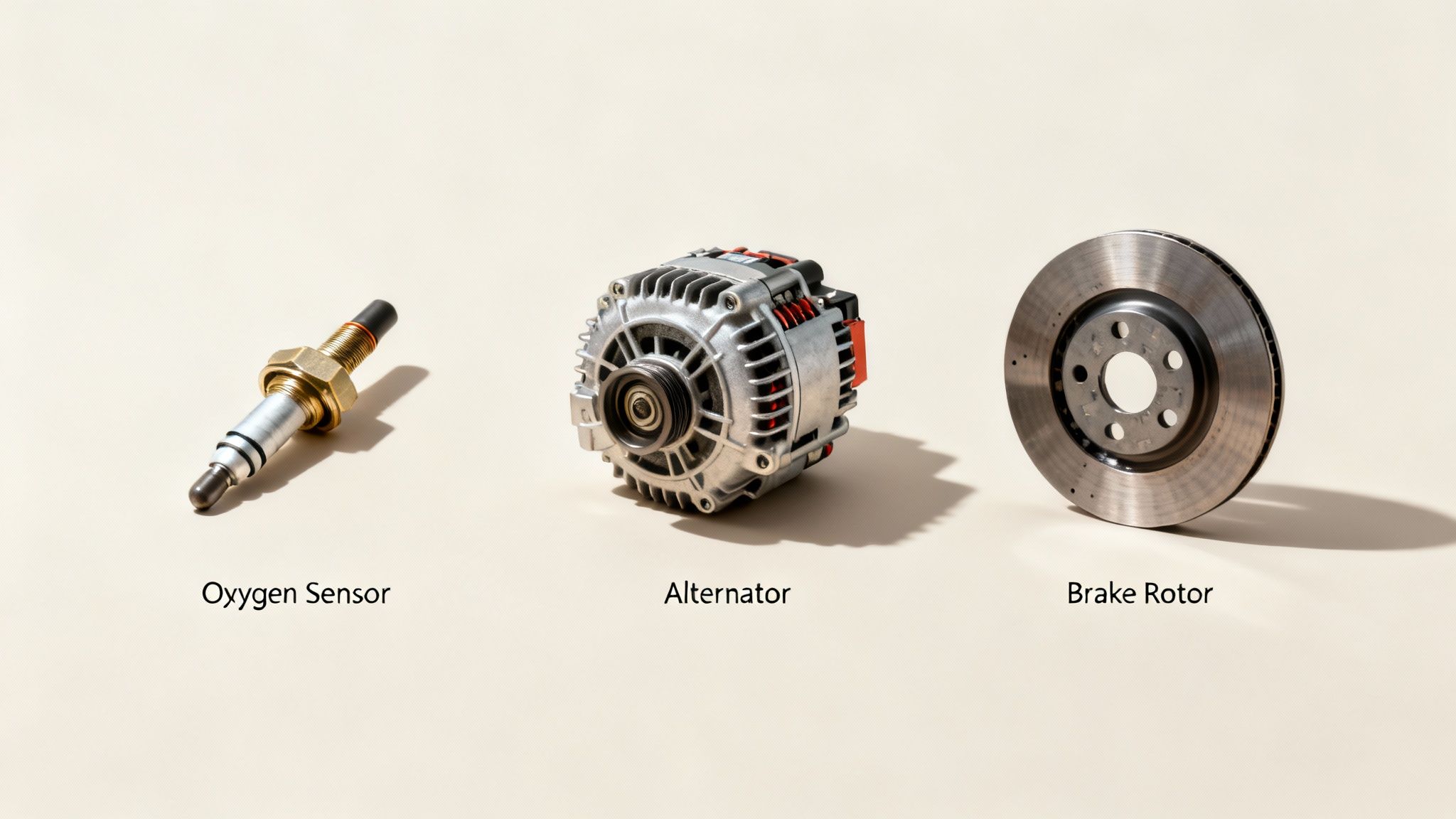 Three common automotive parts: an oxygen sensor, an alternator, and a brake rotor on a neutral background.