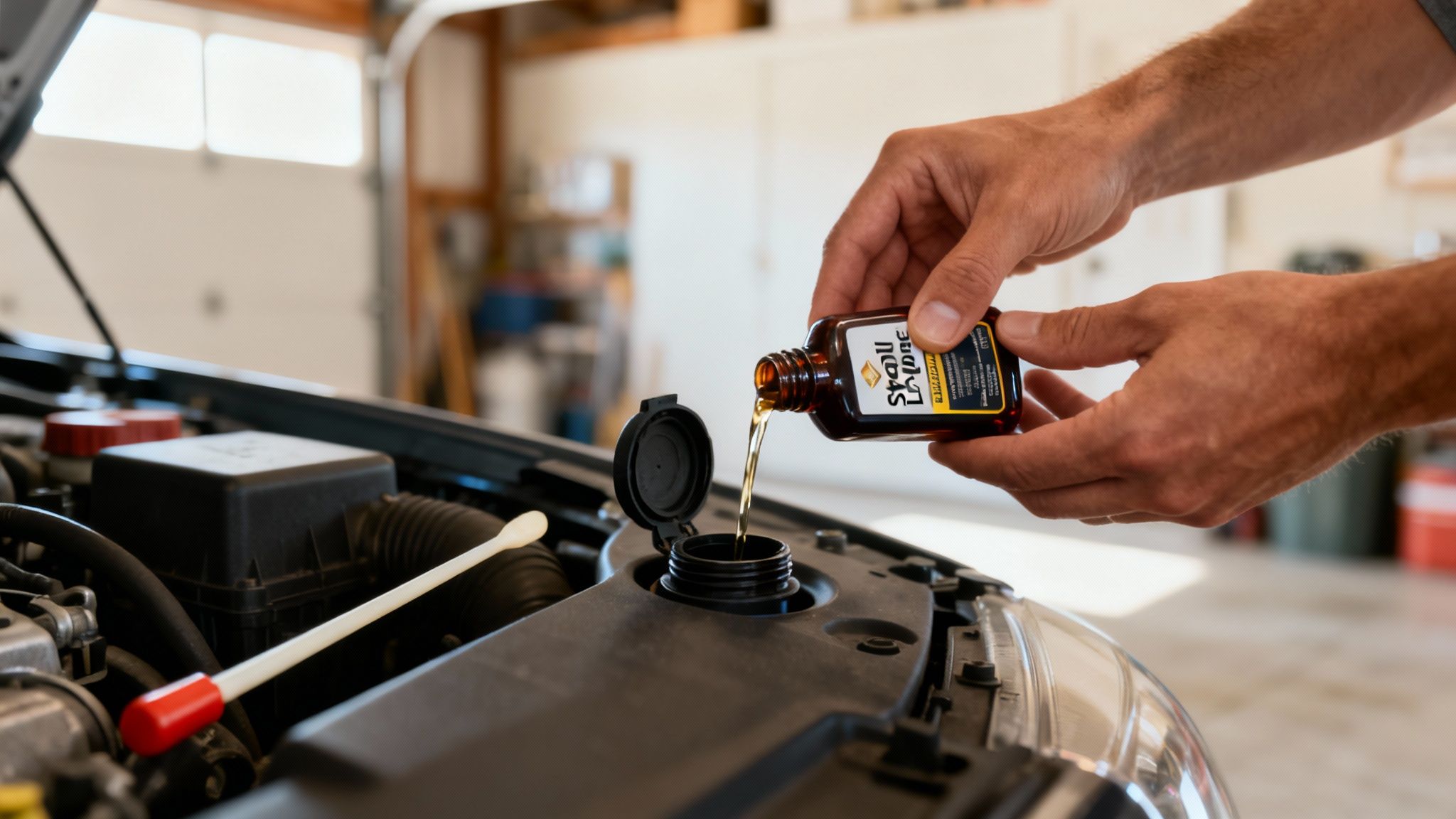 A person's hands pour 'Stahl Lube' additive into an open car engine in a garage.