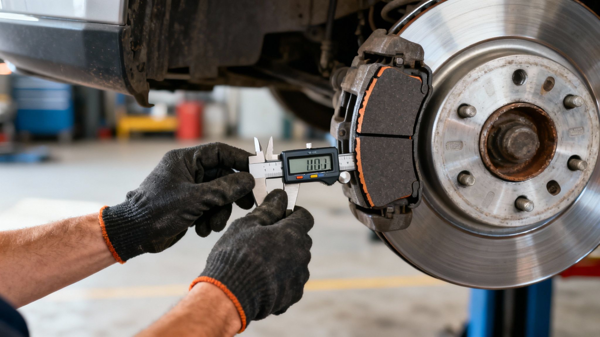 A mechanic in gloves uses a digital caliper to measure a car's brake pad during service.