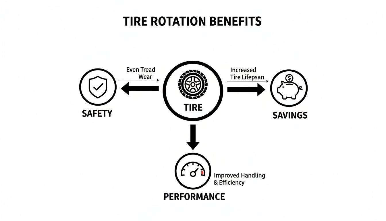 Diagram illustrating the benefits of tire rotation, showing safety, savings, and performance.