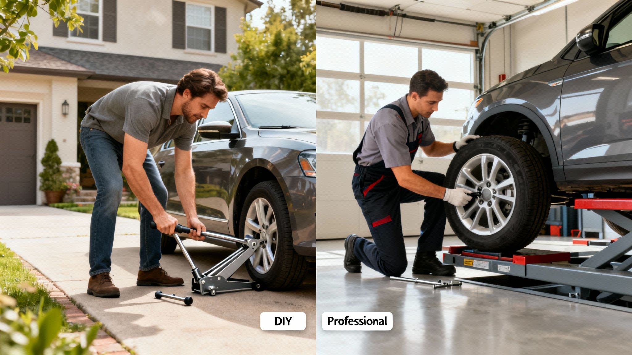 Split image showing a man rotating tires DIY and a mechanic doing professional car service.