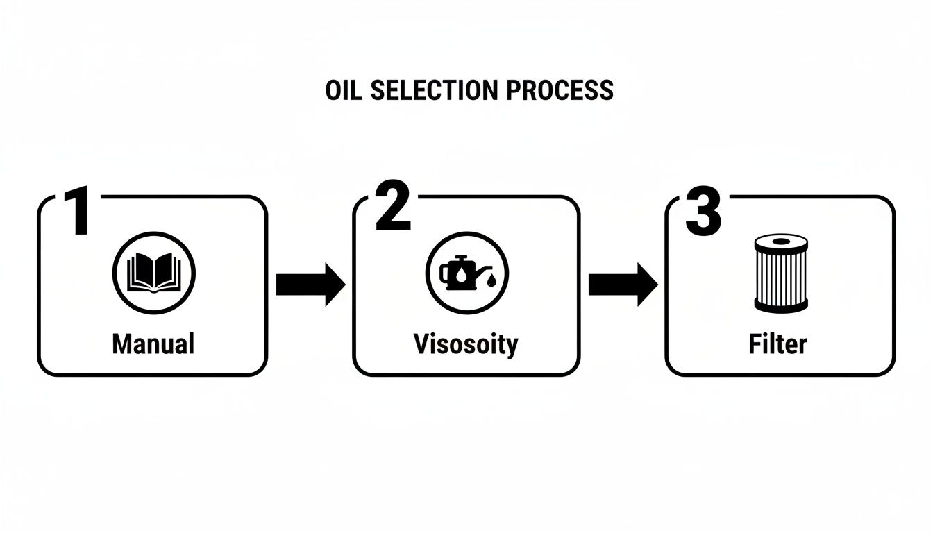 A flowchart showing the oil selection process, including steps for manual consultation, viscosity, and filter choice.