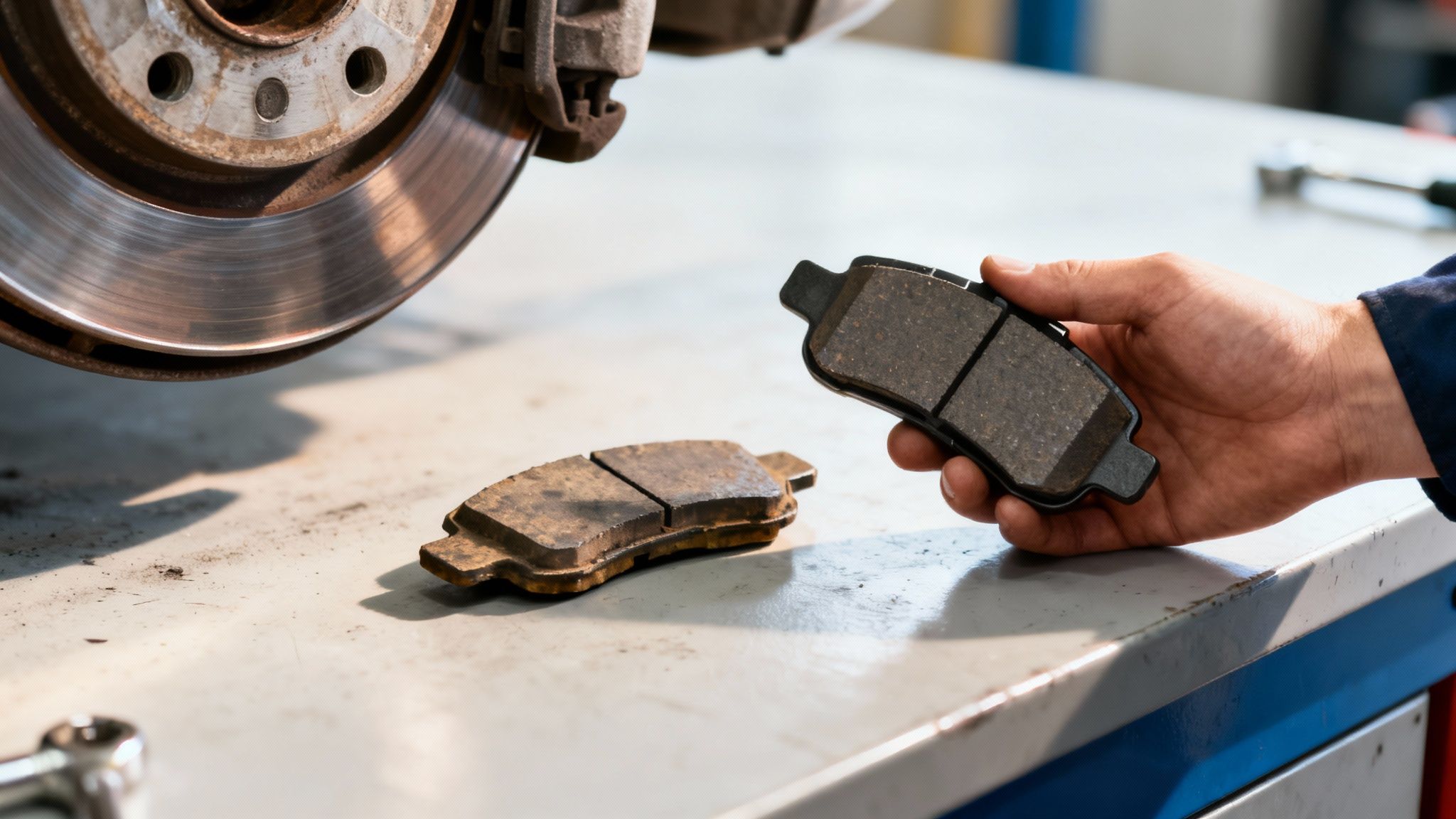 A mechanic's hand holding a new car brake pad, with an old pad and brake disc.