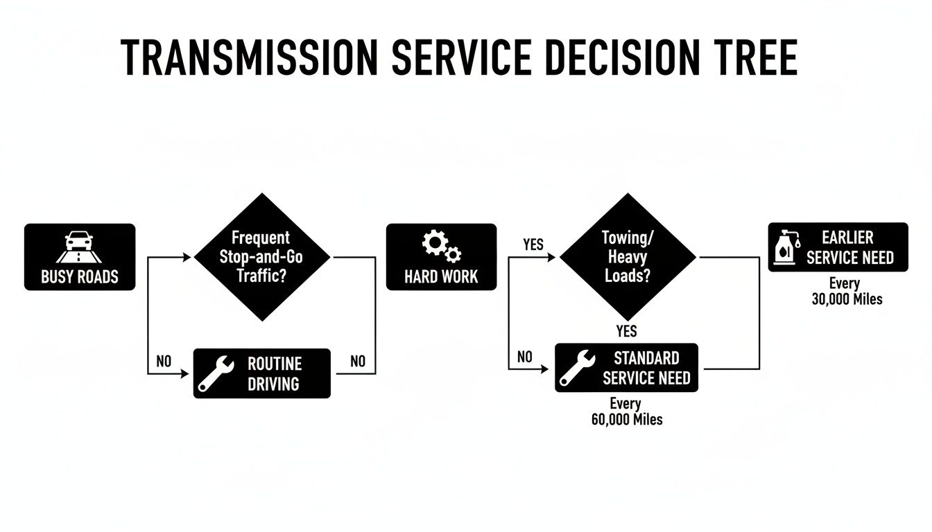 Decision tree outlining transmission service needs based on busy roads, stop-and-go traffic, towing, and heavy loads.