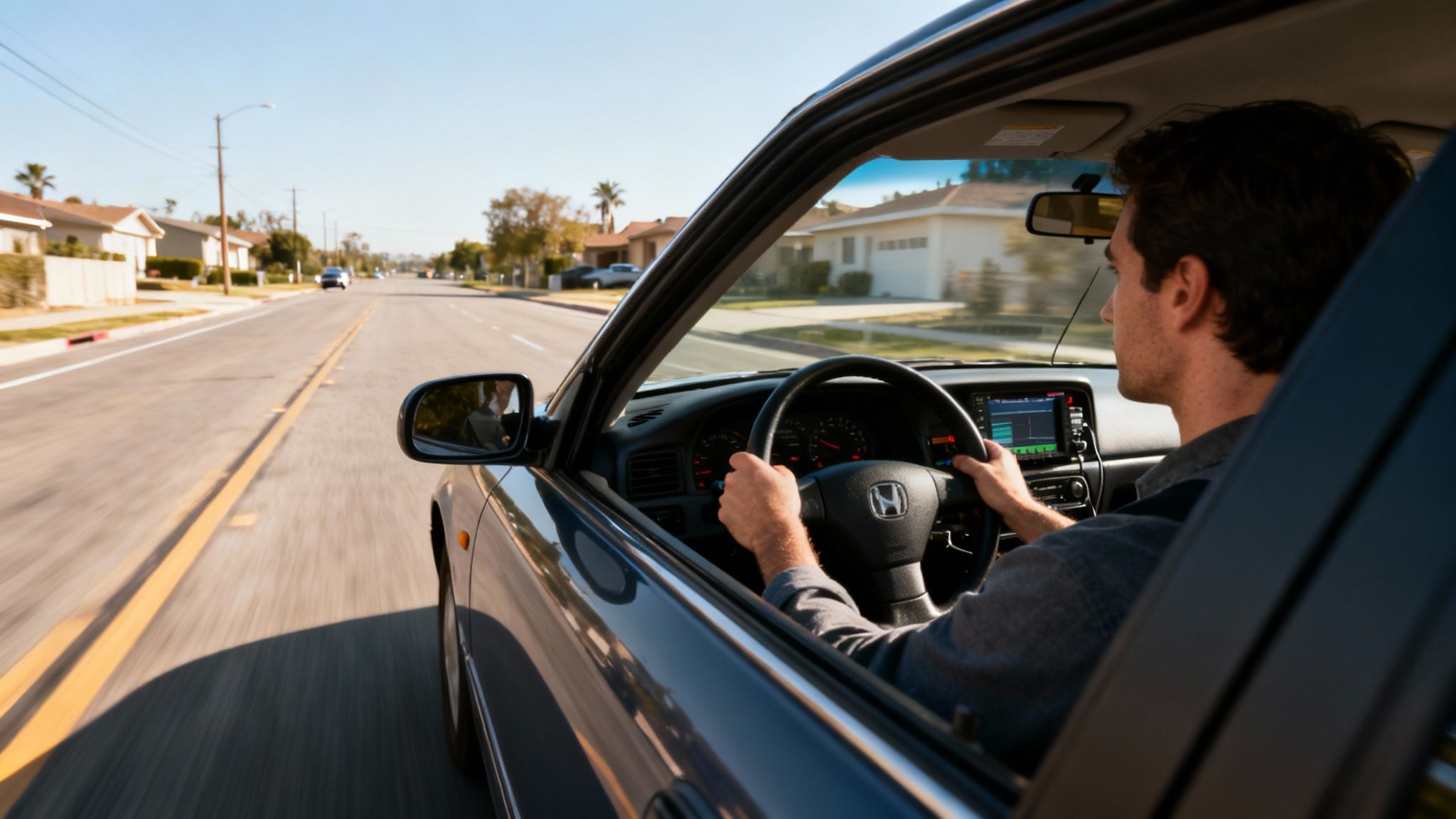A man driving a blue Honda car down a sunny suburban street on a clear day.