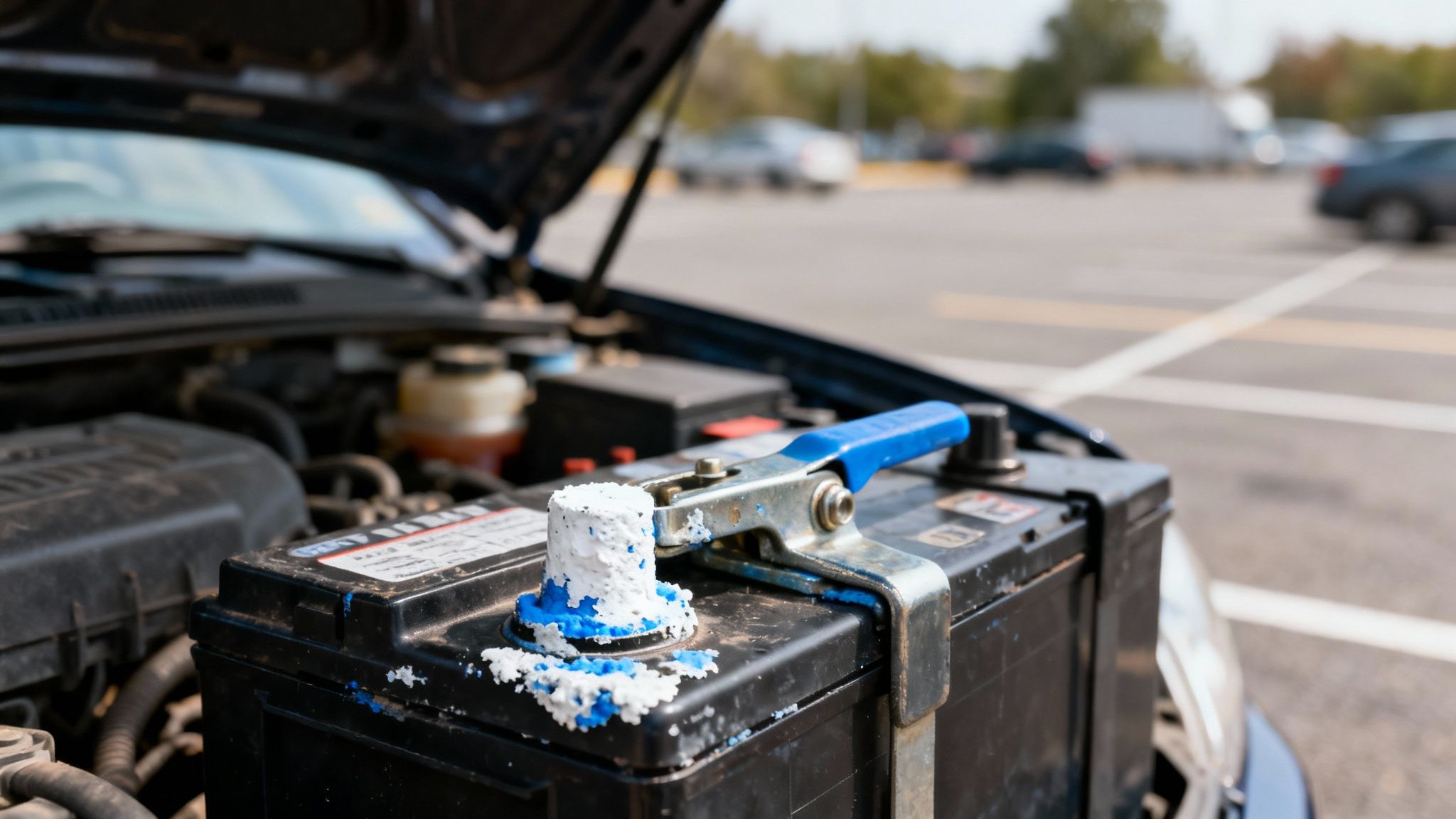 A close-up of a corroded car battery terminal with a jumper cable clamp attached in a car's engine bay.