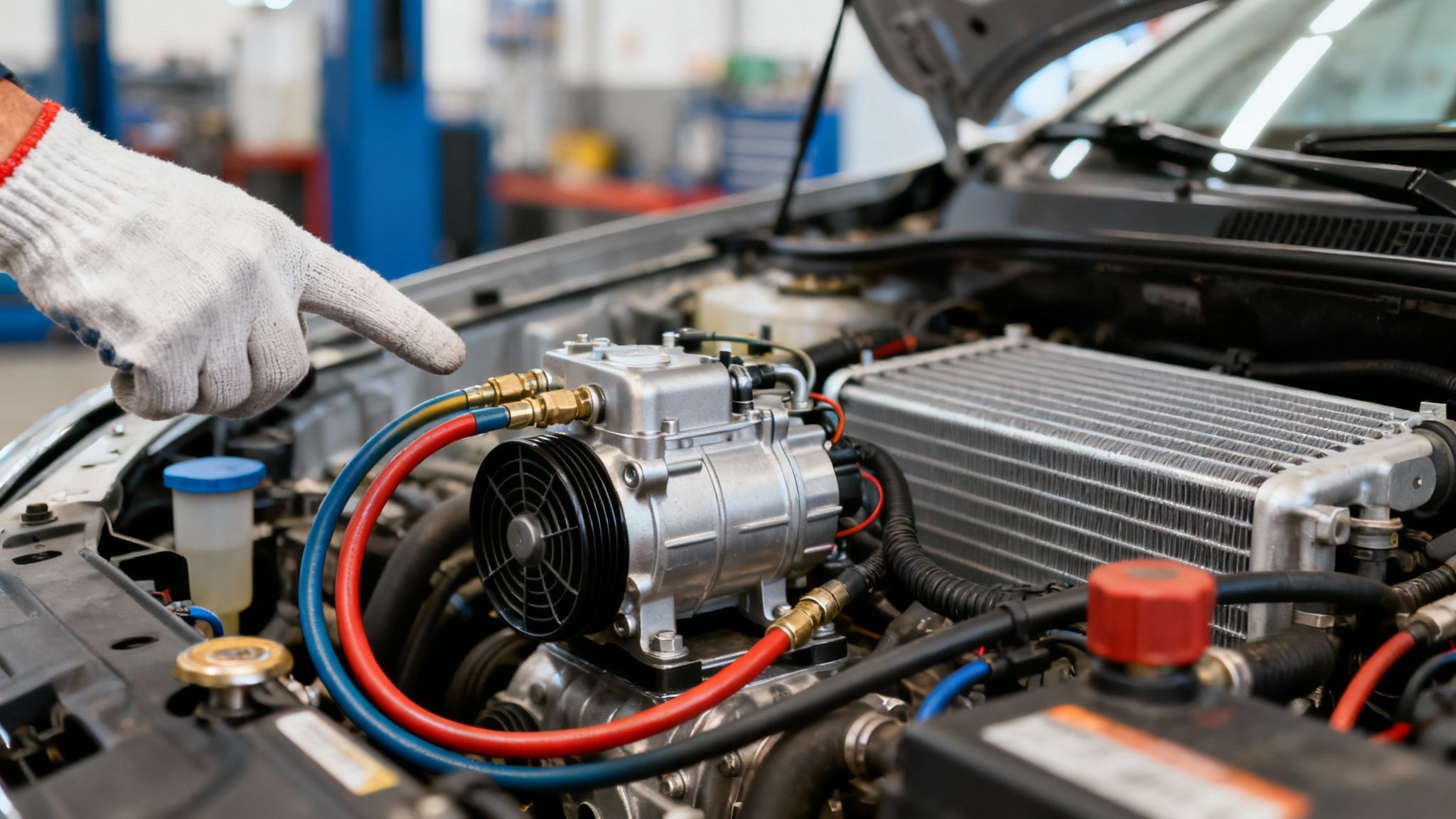 A gloved mechanic points to a car's AC compressor with red and blue hoses during service.