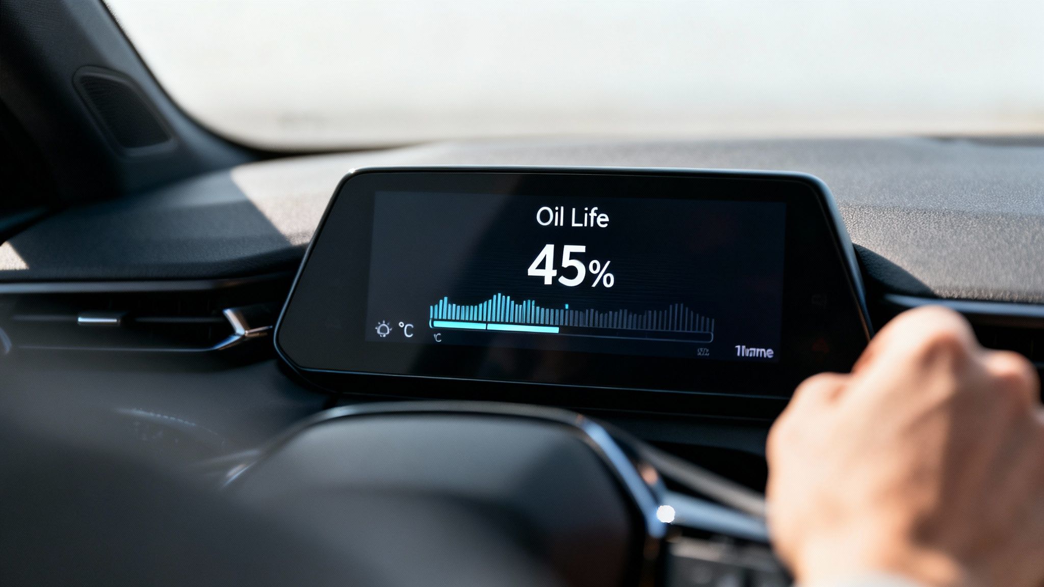 Close-up of a car's infotainment screen displaying 'Oil Life 45%' and a usage graph.