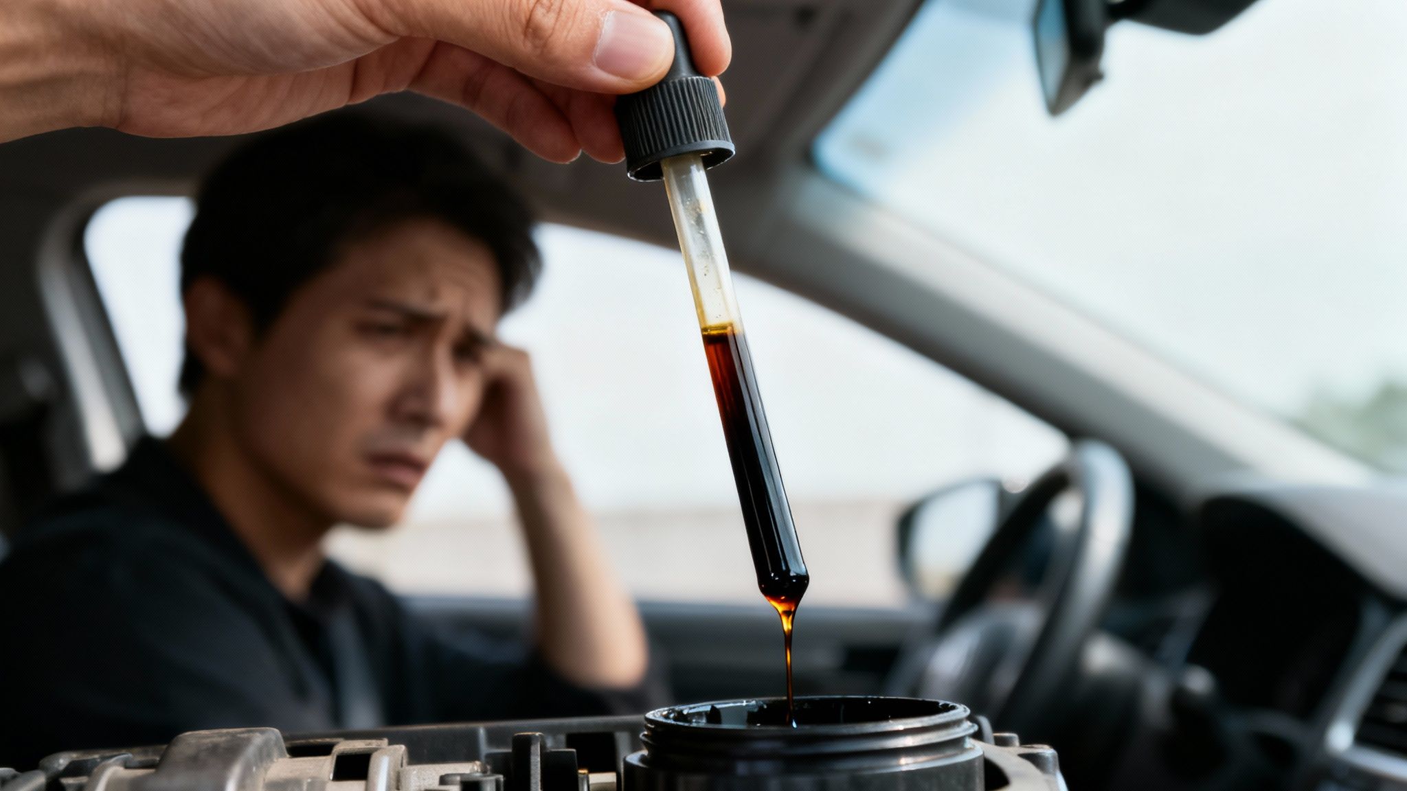 A worried man in a car observes dark fluid dripping from a dropper into a car reservoir.