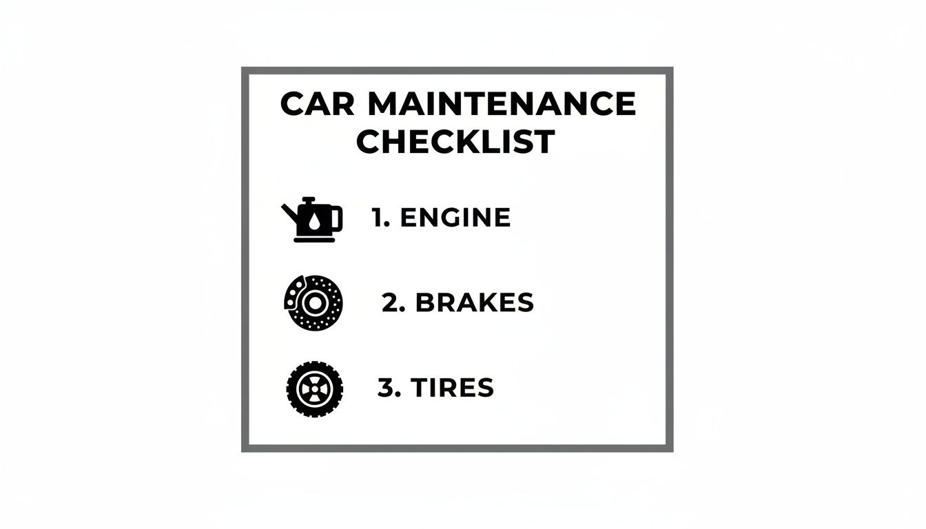 A car maintenance checklist showing icons for engine, brakes, and tires, highlighting key vehicle care areas.