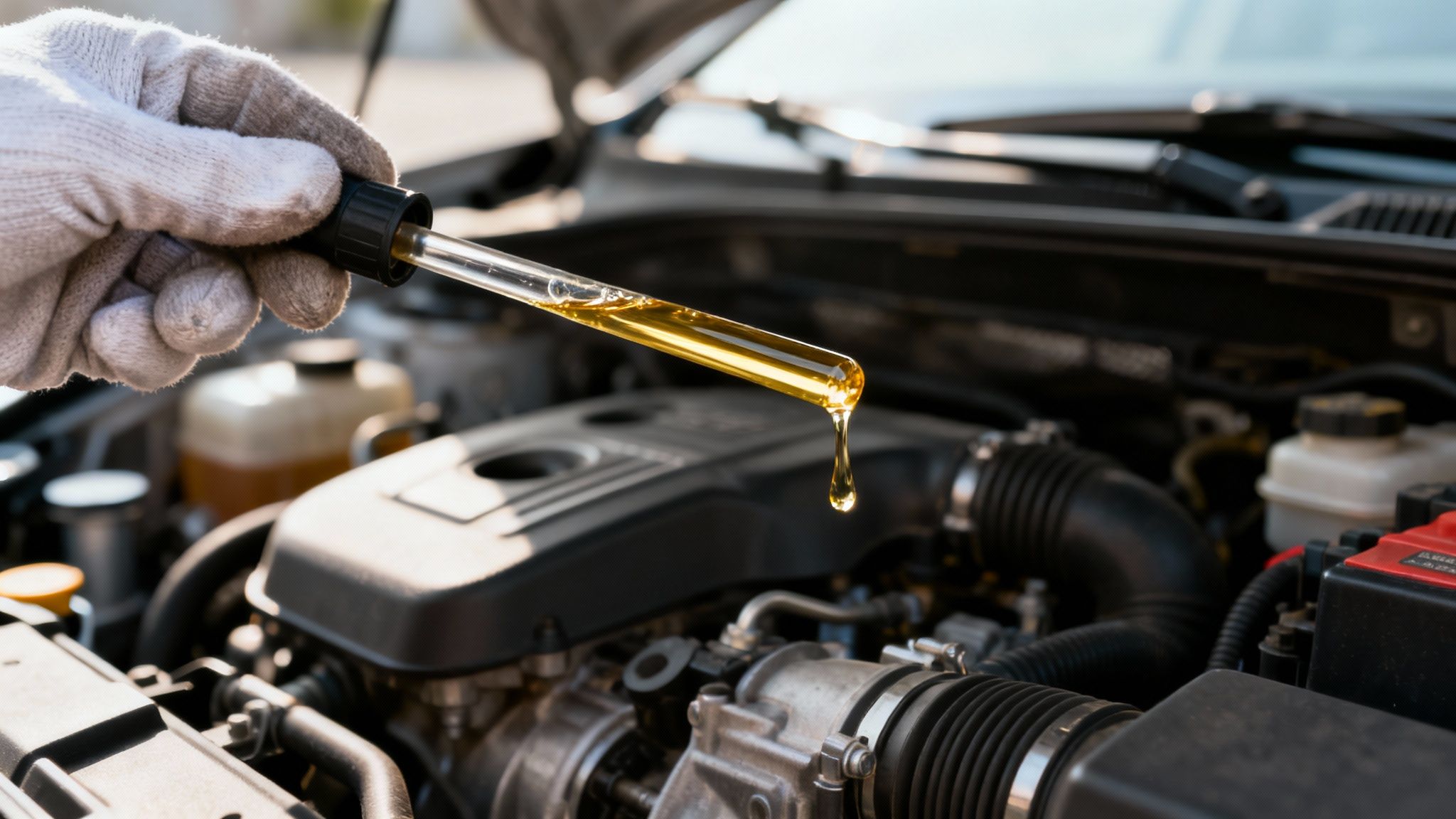 A gloved hand drips fresh golden engine oil from a pipette into an open car engine.
