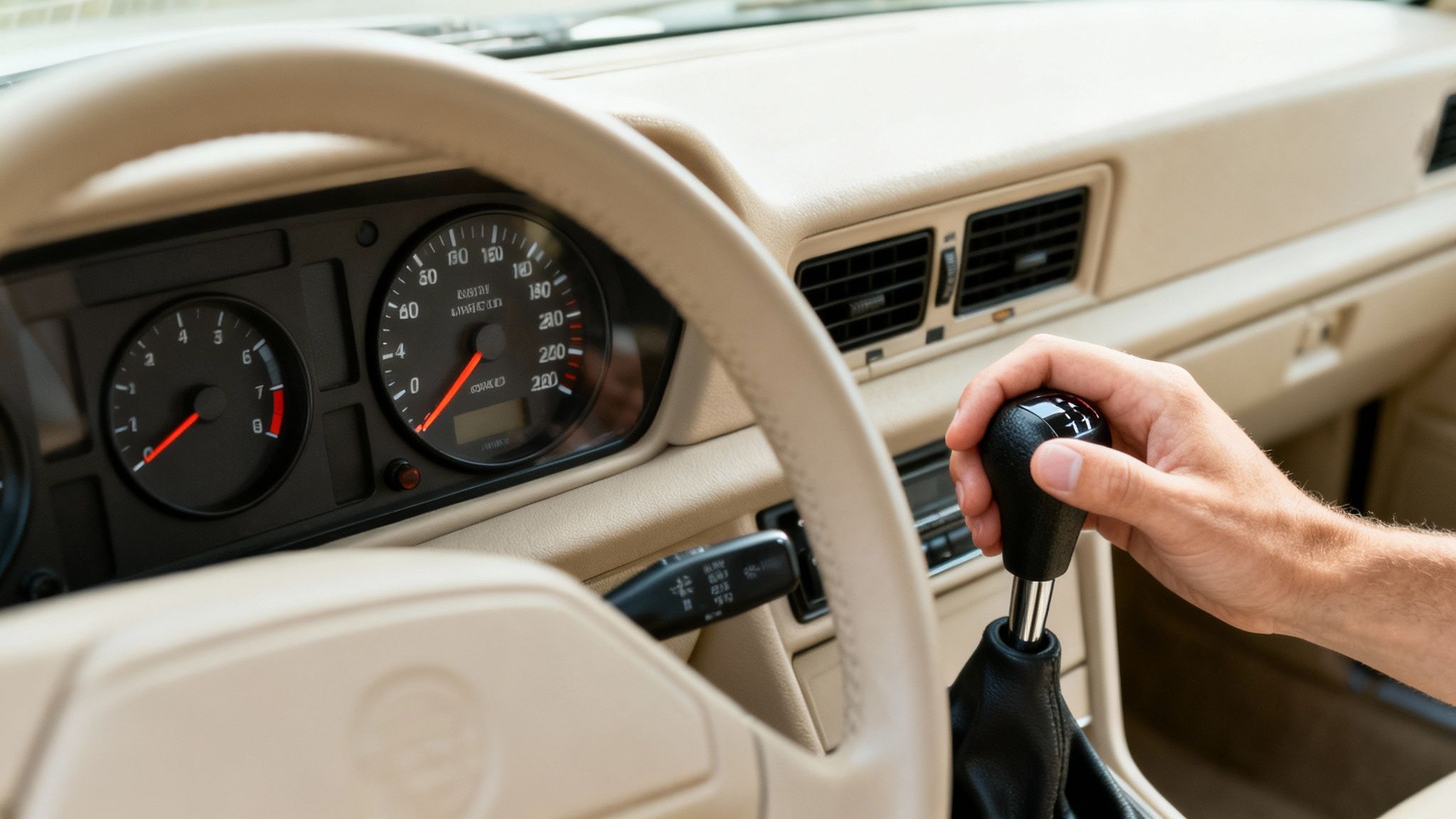 Driver's hand on a manual gear shift lever in a classic car, dashboard in view.