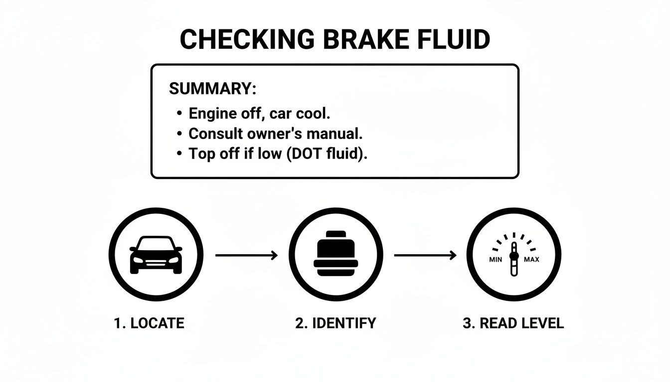 Guide showing how to check brake fluid with steps: locate, identify, and read level.