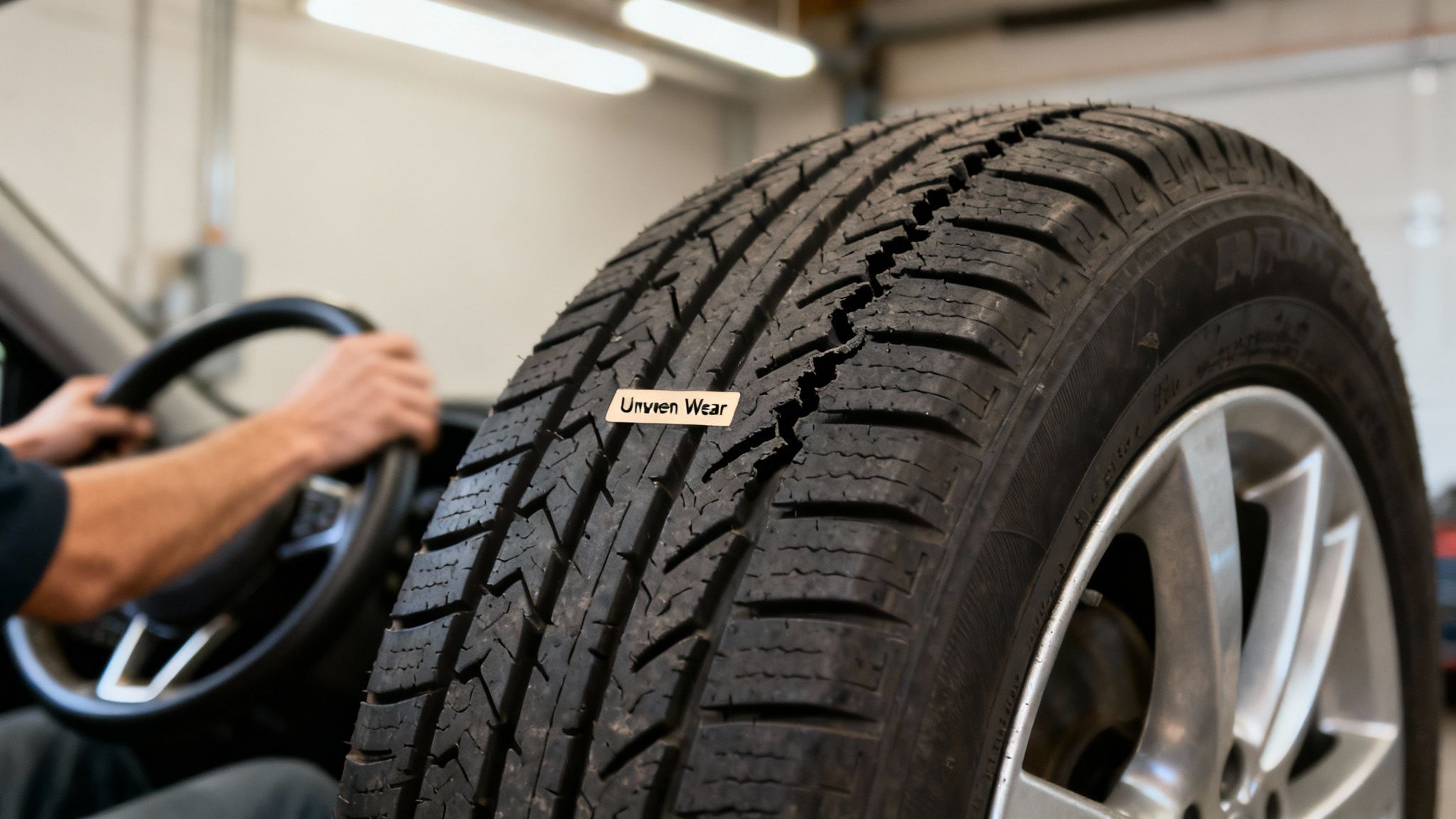 Close-up of a severely worn car tire with a label 'Uneven Wear', indicating a maintenance issue.