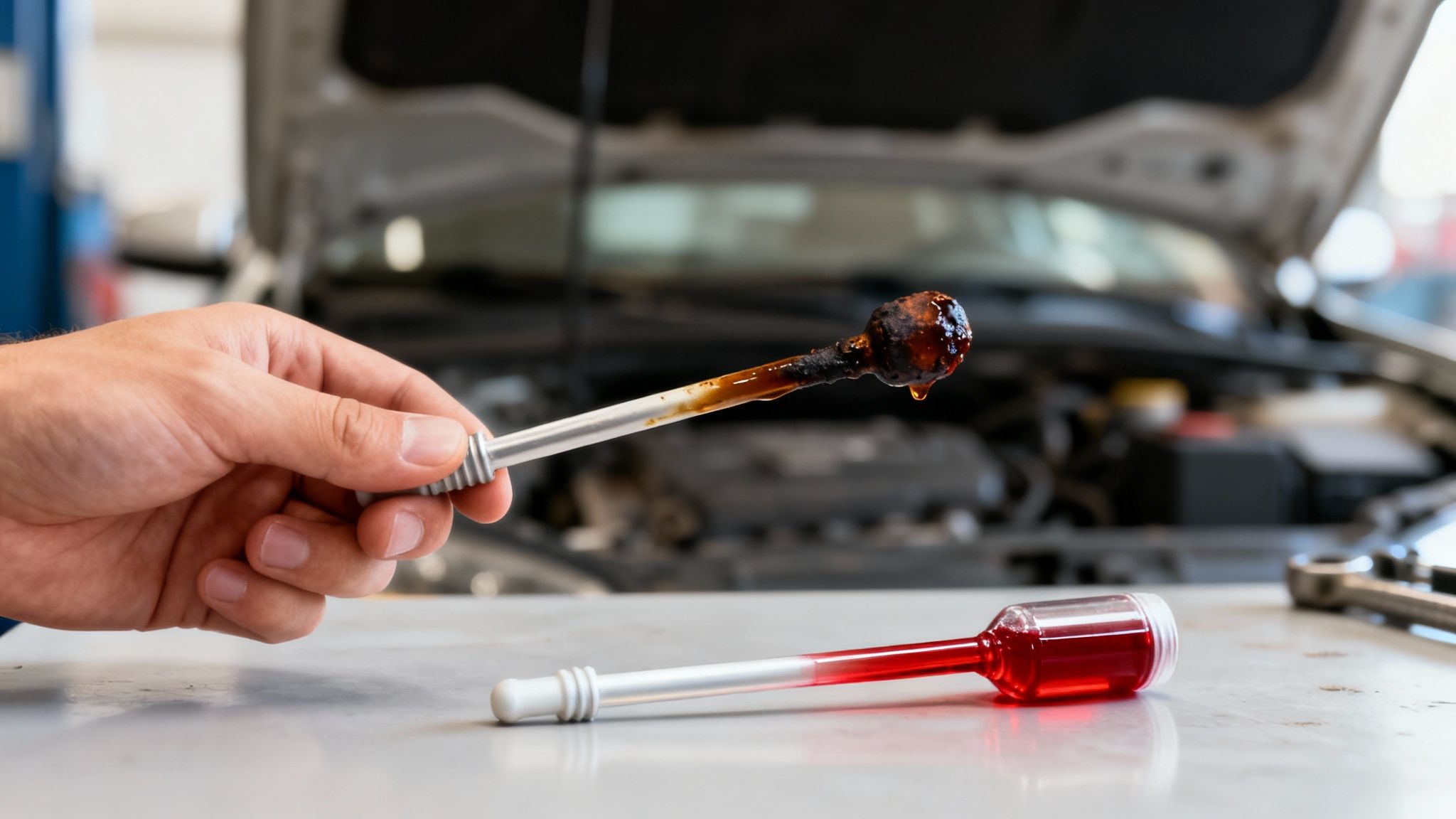 A hand holds a dipstick with dirty, dark transmission fluid, contrasting with clean red fluid on the table.