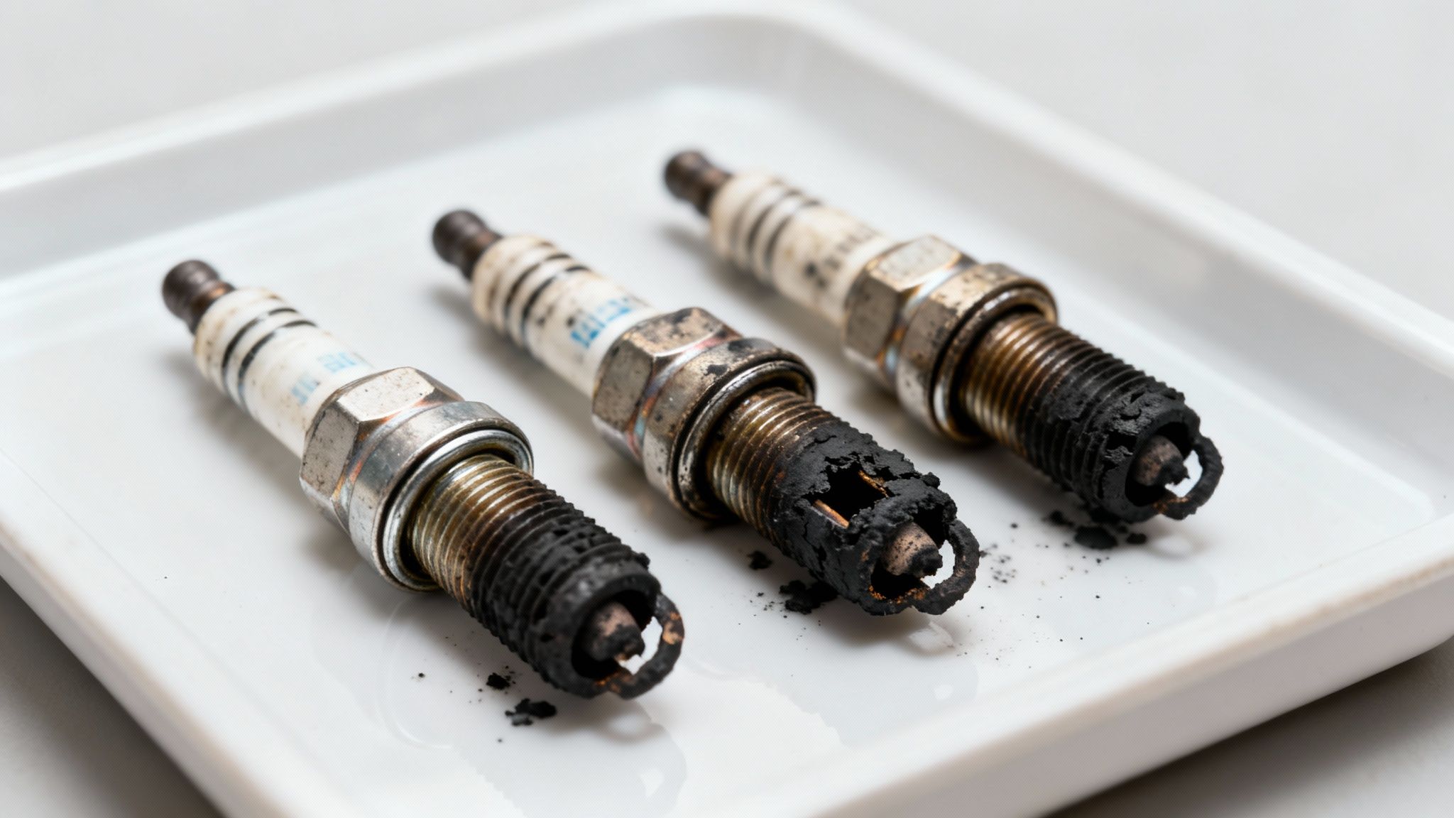 Three heavily fouled, used spark plugs covered in black carbon deposits on a white tray.