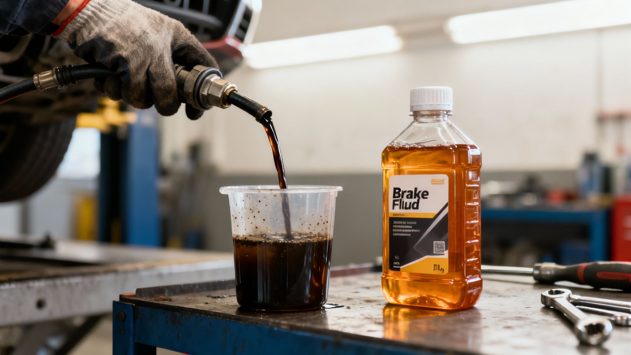 A gloved hand pours dark, used brake fluid into a cup, next to a new bottle of amber brake fluid in a garage.