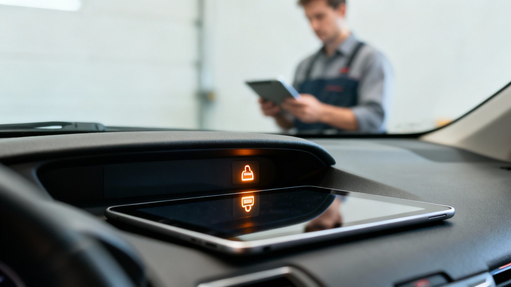 A car's interior with a tablet on a tablet on the dash, an illuminated warning light, and a technician.