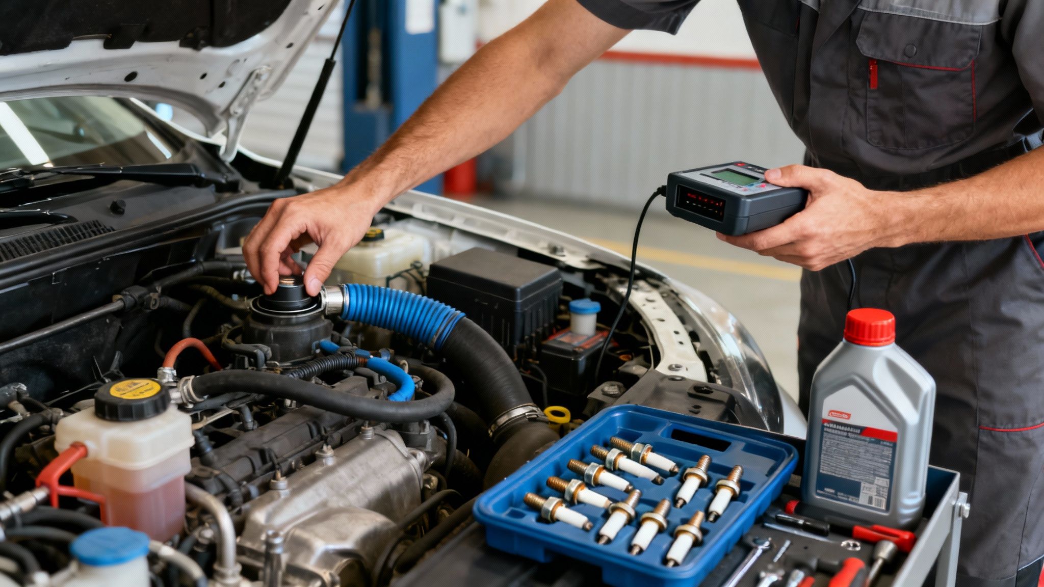 A car mechanic in a uniform checks a car engine with a diagnostic tool and replaces spark plugs.