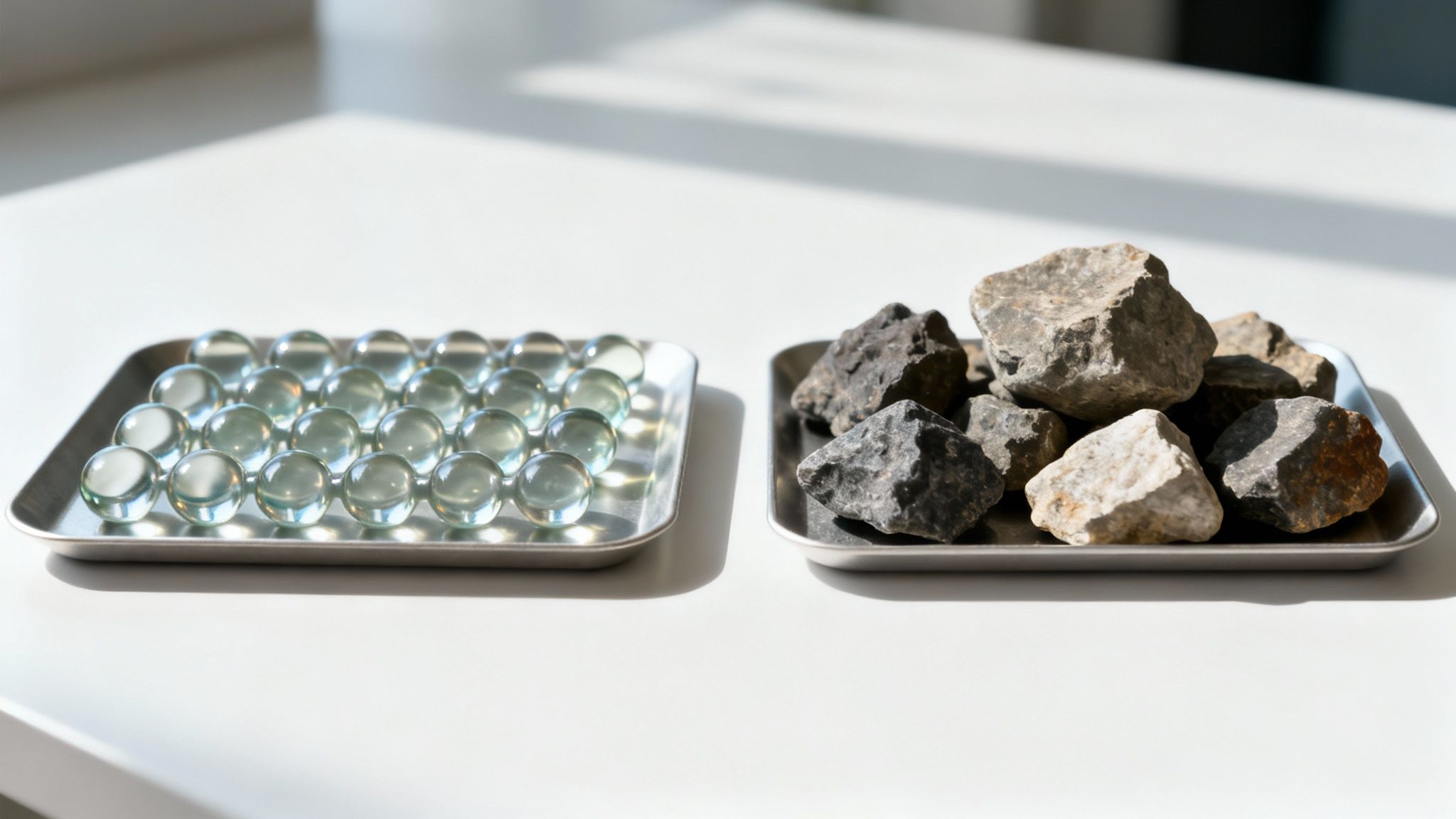 Two metal trays on a white table, one with clear glass beads, the other with rocks.
